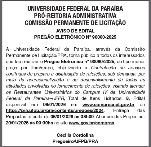 UNIVERSIDADE FEDERAL DA PARAIBA – AVISO DE EDITAL PREGÃO ELETRÔNICO No 90060-2025