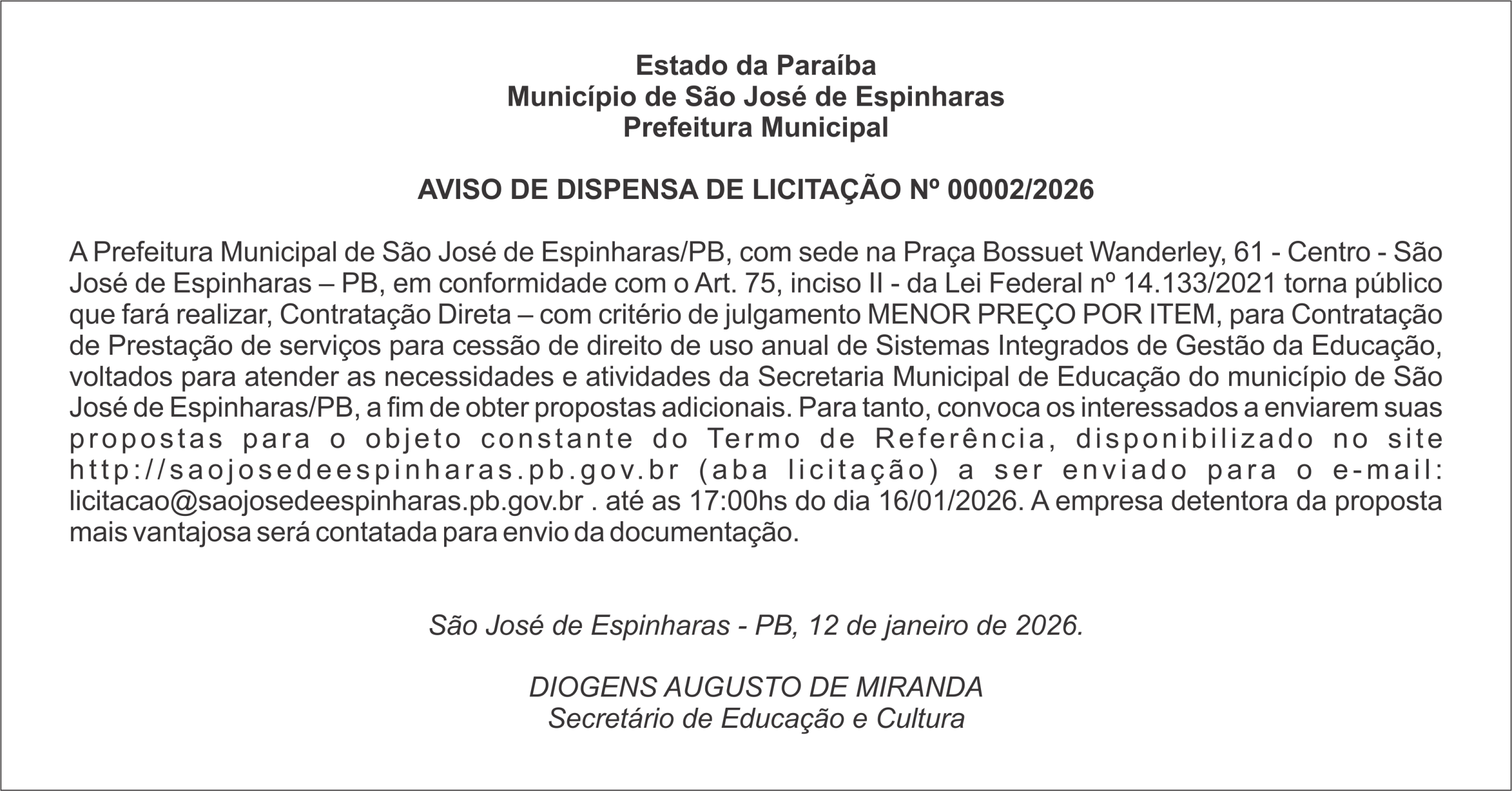 PREFEITURA DE SÃO JOSÉ DE ESPINHARAS – AVISO DE DISPENSA DE LICITAÇÃO Nº 00002/2026