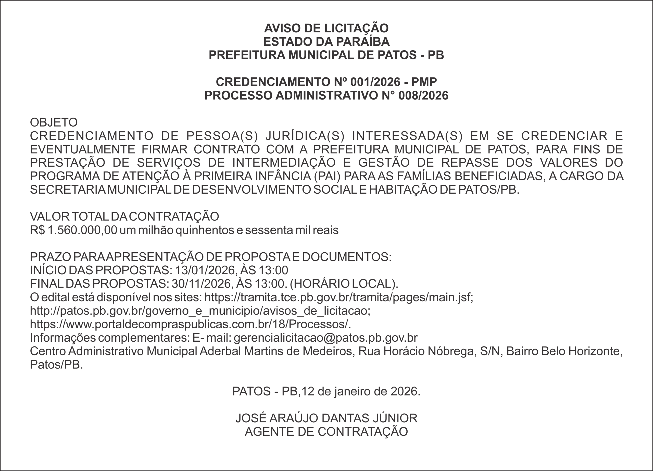 PREFEITURA MUNICIPAL DE PATOS – PB – CREDENCIAMENTO Nº 001/2026 – PMP