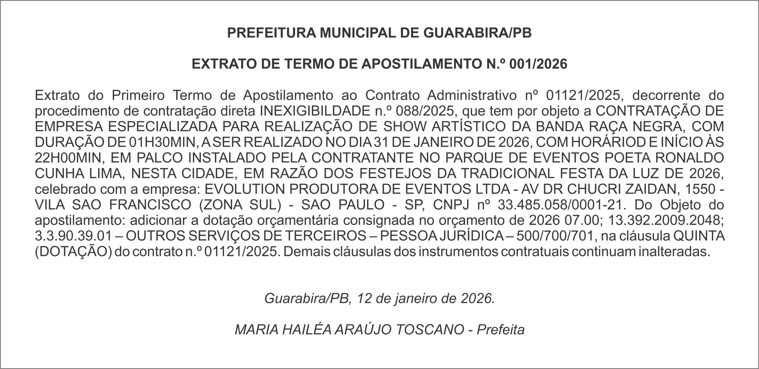PREFEITURA MUNICIPAL DE GUARABIRA/PB – EXTRATO DE TERMO DE APOSTILAMENTO