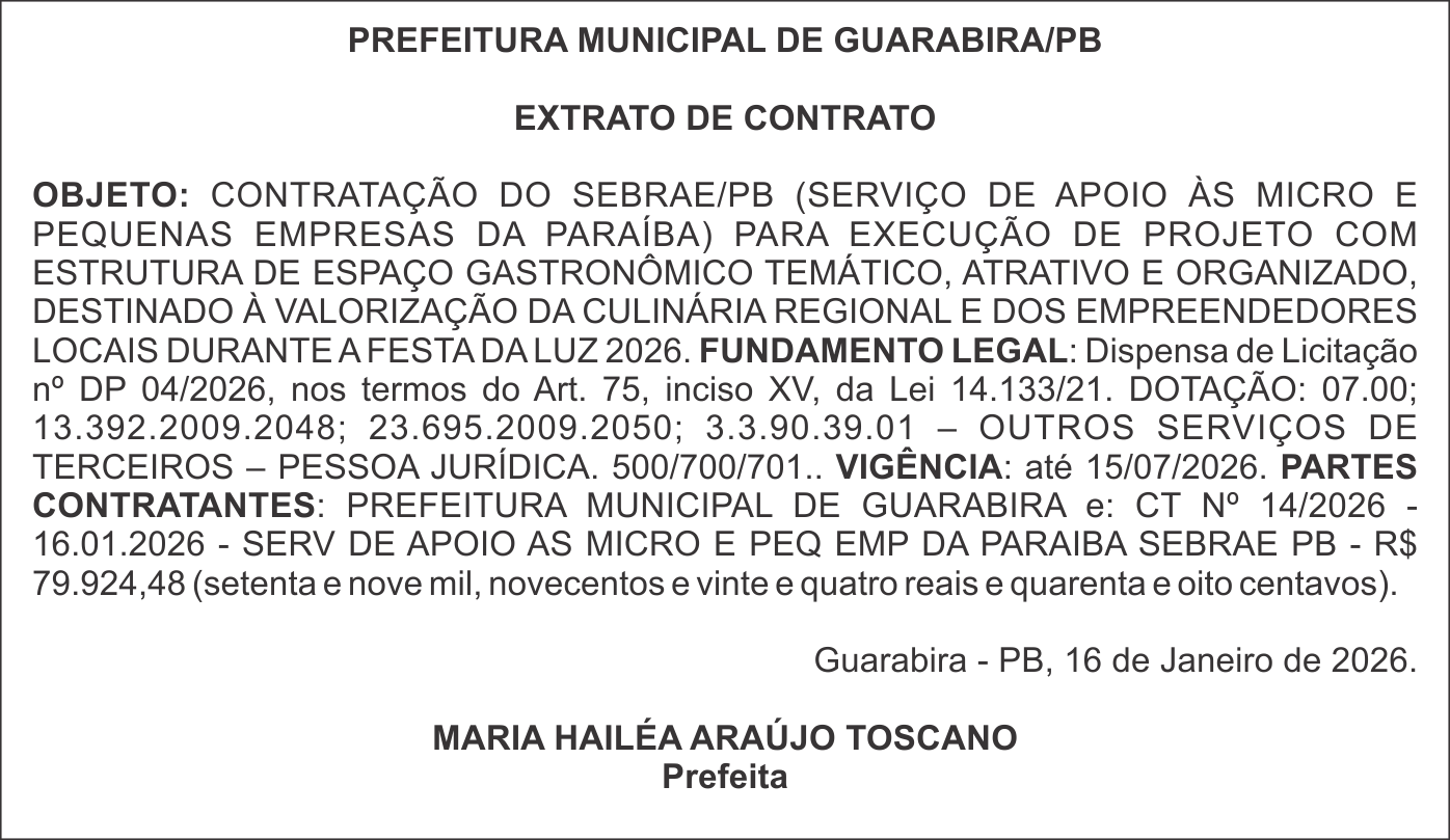 PREFEITURA MUNICIPAL DE GUARABIRA/PB  – EXTRATO DE CONTRATO