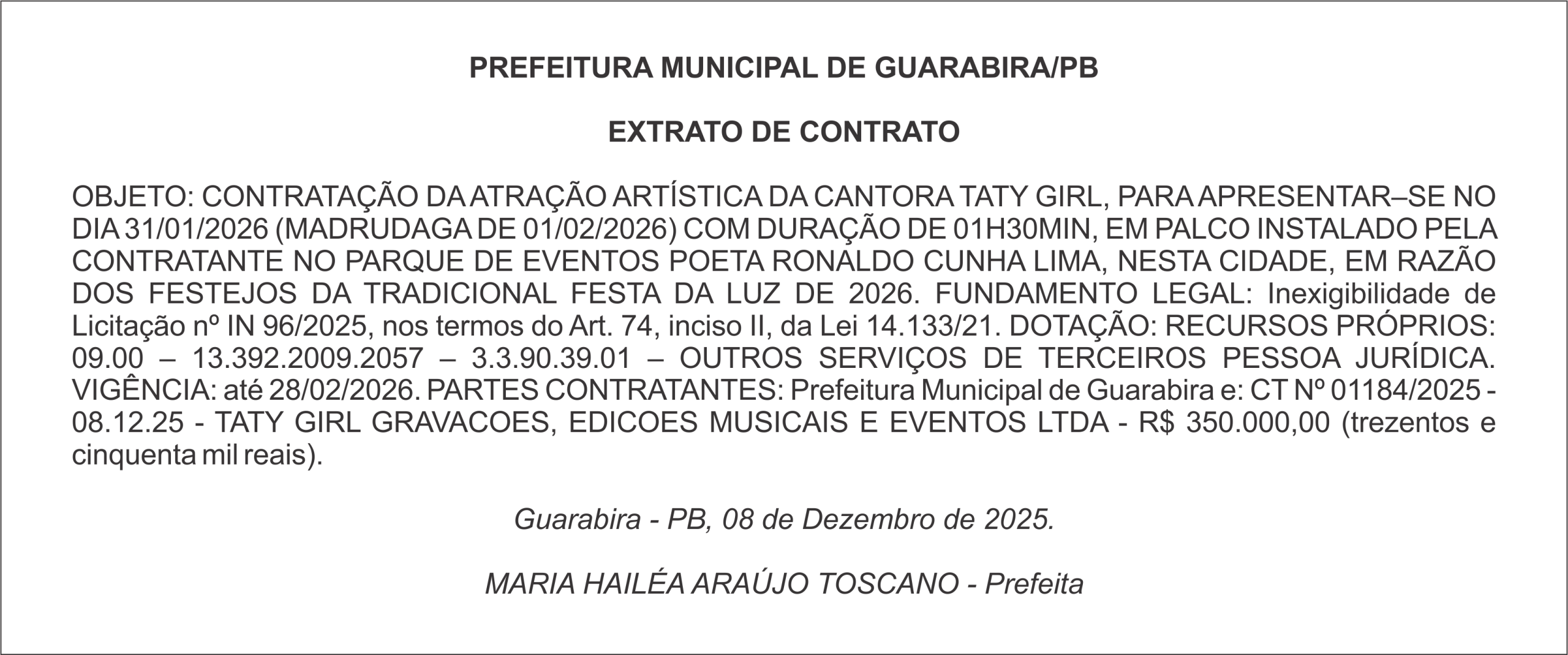 PREFEITURA MUNICIPAL DE GUARABIRA/PB – EXTRATO DE CONTRATO