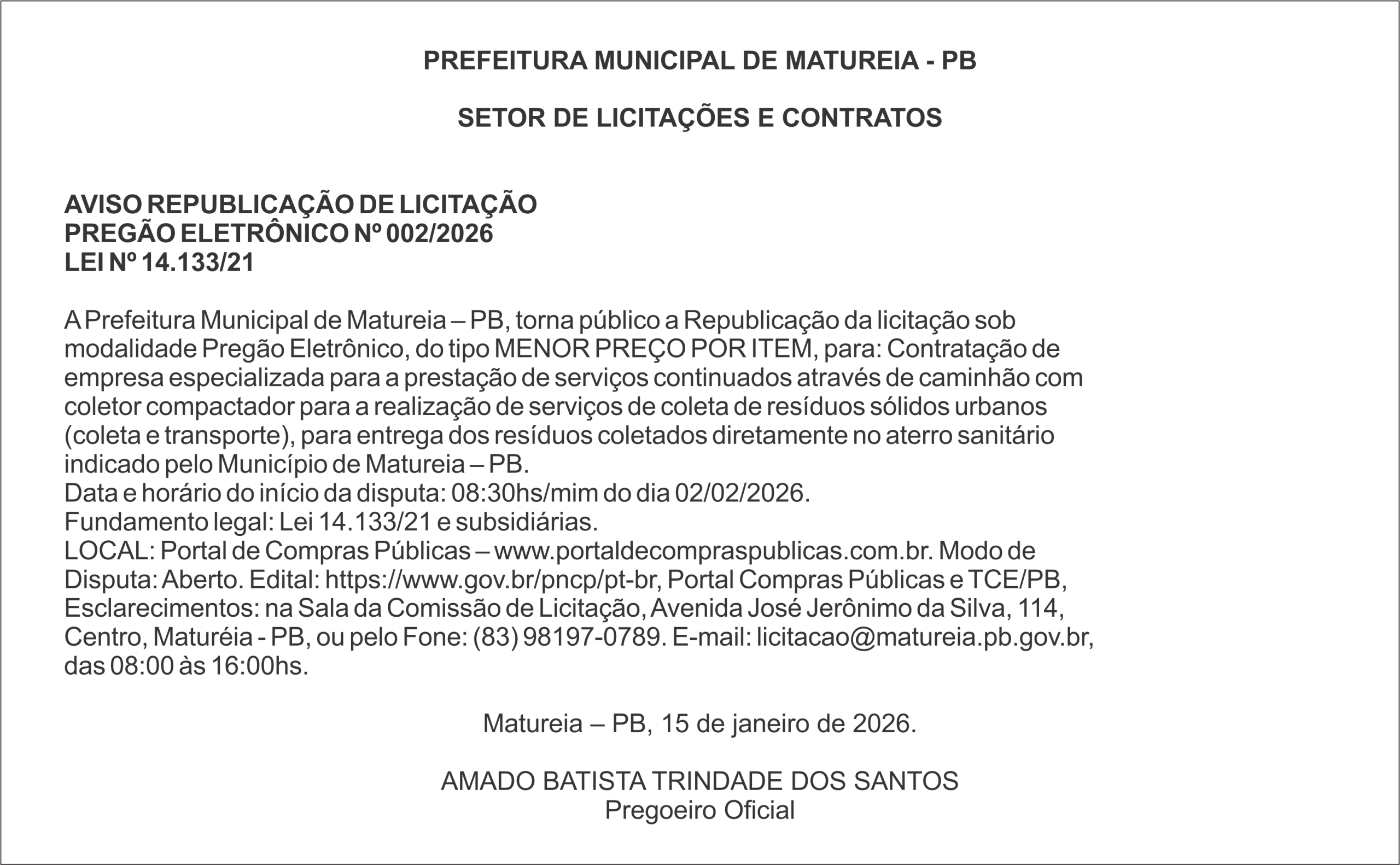PREFEITURA MUNICIPAL DE MATUREIA – PB – AVISO REPUBLICAÇÃO DE LICITAÇÃO – PREGÃO ELETRÔNICO Nº 002/2026