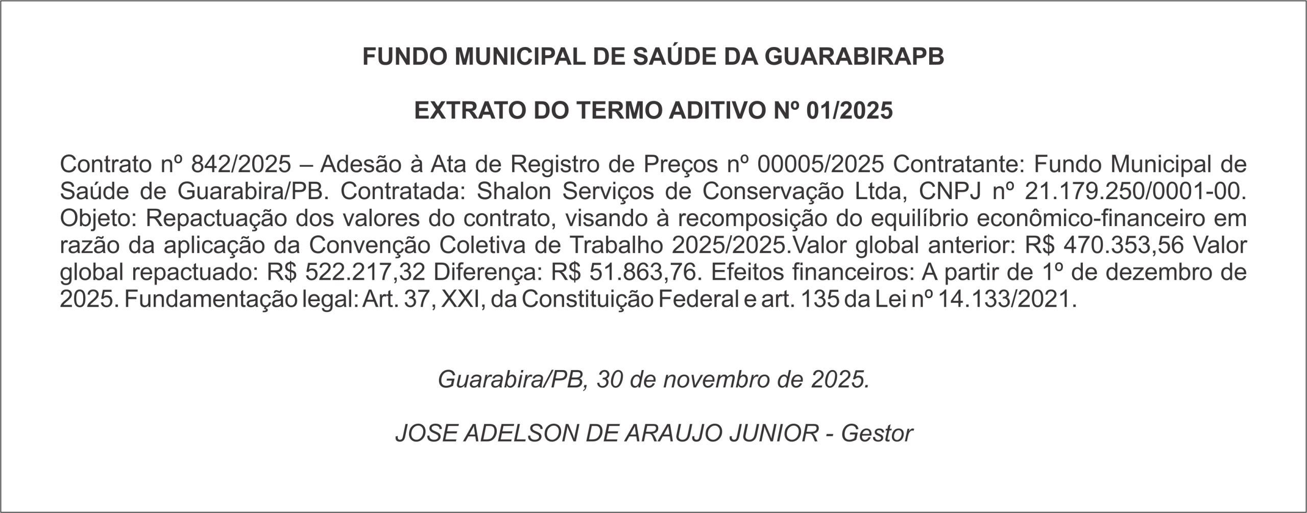 FUNDO MUNICIPAL DE SAÚDE DA GUARABIRAPB – EXTRATO DO TERMO ADITIVO Nº 01/2025