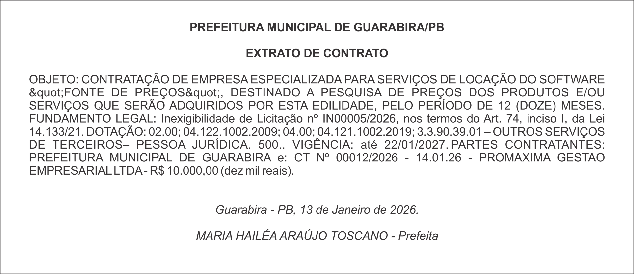 PREFEITURA MUNICIPAL DE GUARABIRA/PB – EXTRATO DE CONTRATO
