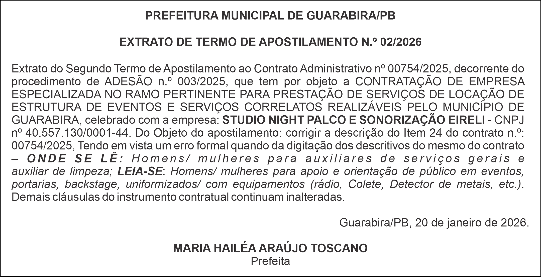 PREFEITURA MUNICIPAL DE GUARABIRA/PB – EXTRATO DE TERMO DE APOSTILAMENTO N.º 02/2026