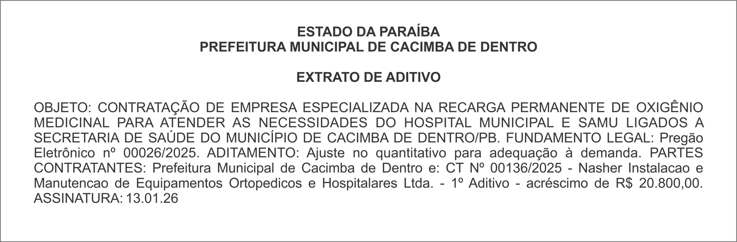PREFEITURA MUNICIPAL DE CACIMBA DE DENTRO – EXTRATO DE ADITIVO