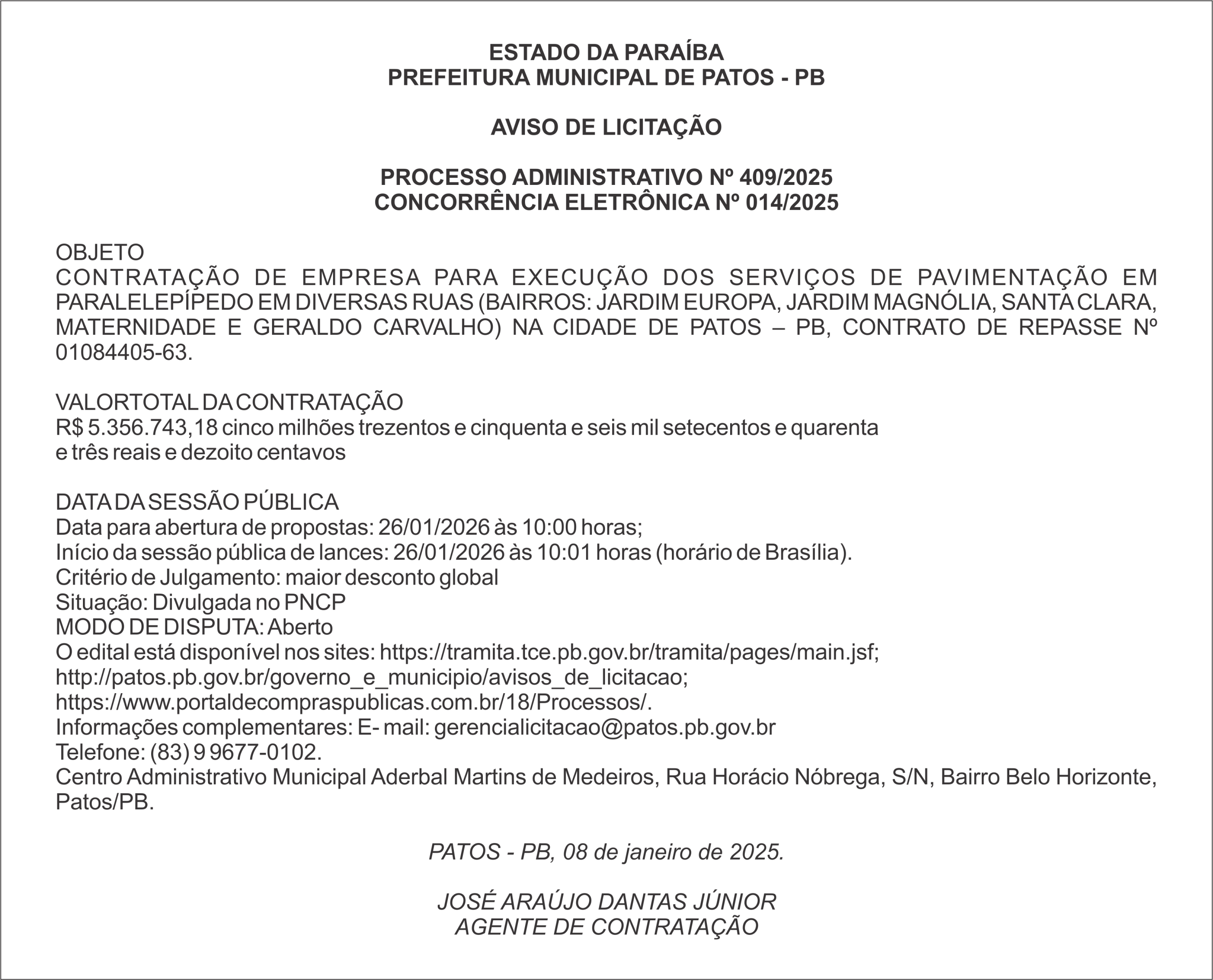 PREFEITURA MUNICIPAL DE PATOS – PB – PROCESSO ADMINISTRATIVO Nº 409/2025