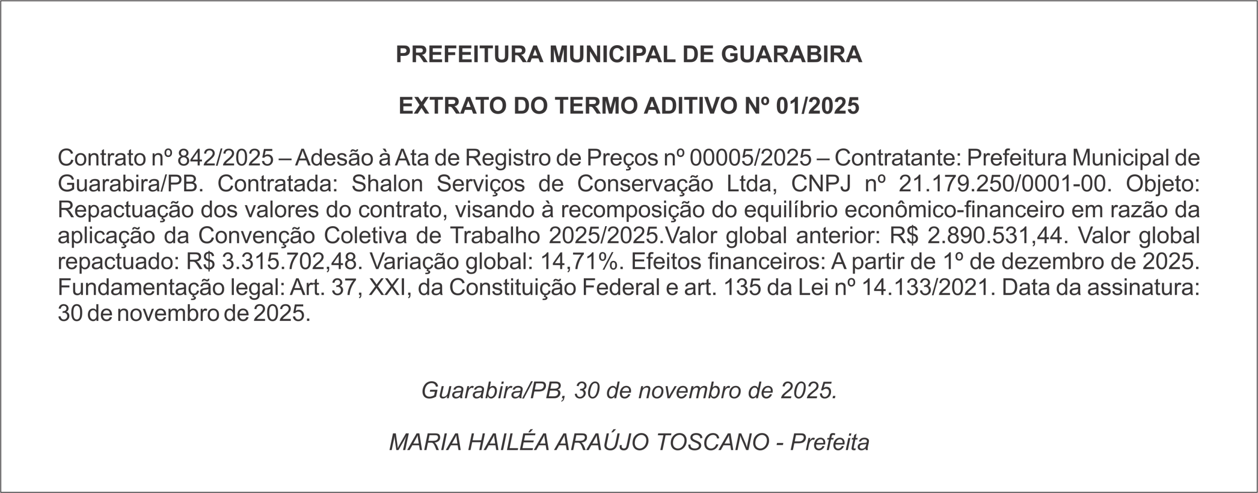 PREFEITURA MUNICIPAL DE GUARABIRA – EXTRATO DO TERMO ADITIVO Nº 01/2025