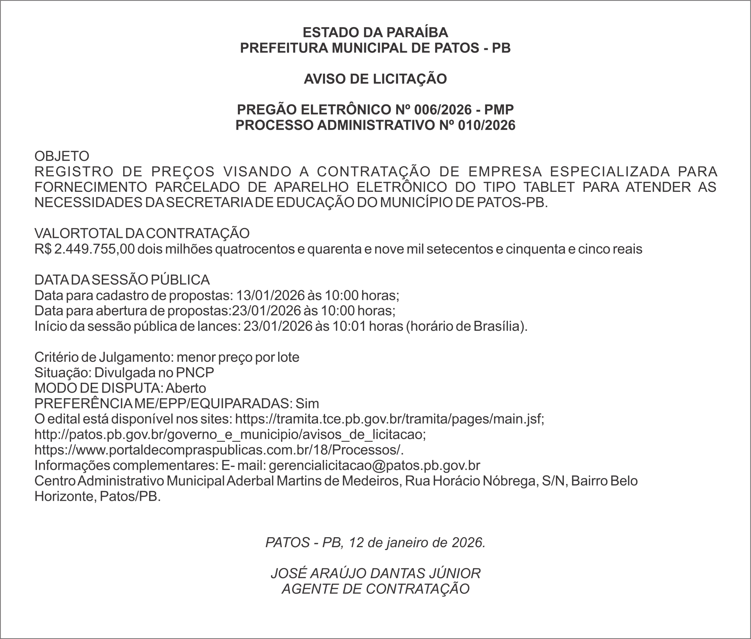 PREFEITURA MUNICIPAL DE PATOS – PB PREGÃO ELETRÔNICO Nº 006/2026 – PMP