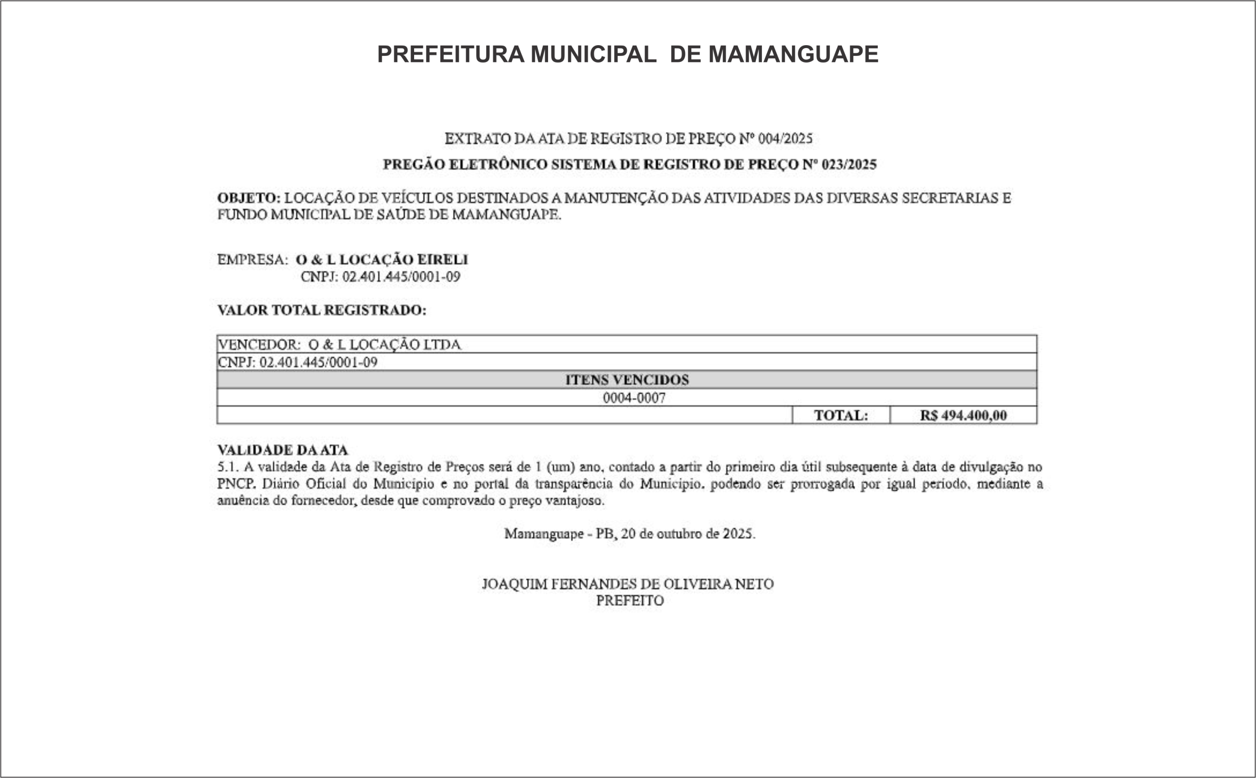 PREFEITURA DE MAMANGUAPE – EXTRATO DA ATA DE REGISTRO DE PREÇO Nº 004/2025