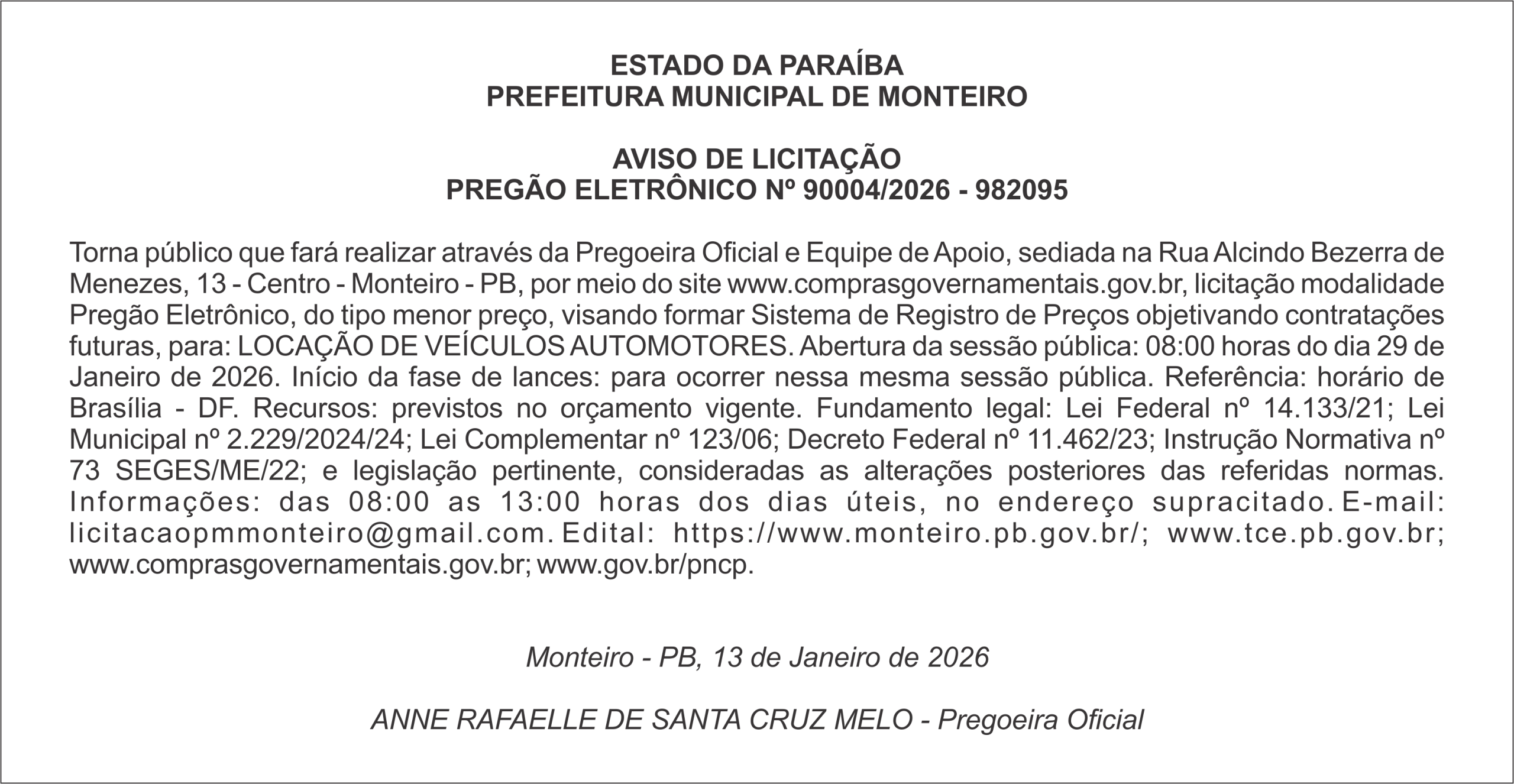 PREFEITURA MUNICIPAL DE MONTEIRO – AVISO DE LICITAÇÃO – PREGÃO ELETRÔNICO Nº 90004/2026 – 982095
