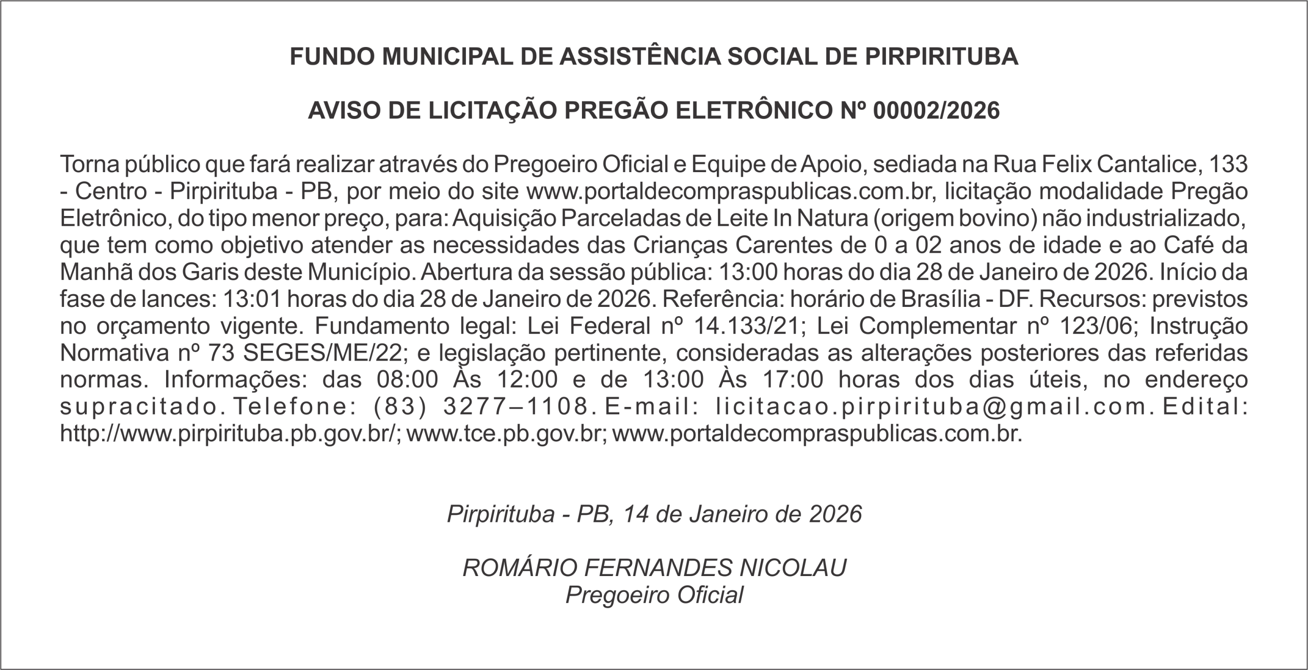 PREFEITURA MUNICIPAL DE PIRPIRITUBA – AVISO DE LICITAÇÃO – PREGÃO ELETRÔNICO Nº 00002/2026