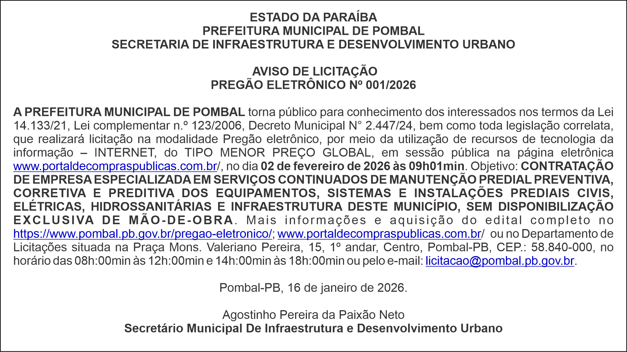 PREFEITURA MUNICIPAL DE POMBAL – AVISO DE LICITAÇÃO – PREGÃO ELETRÔNICO Nº 001/2026