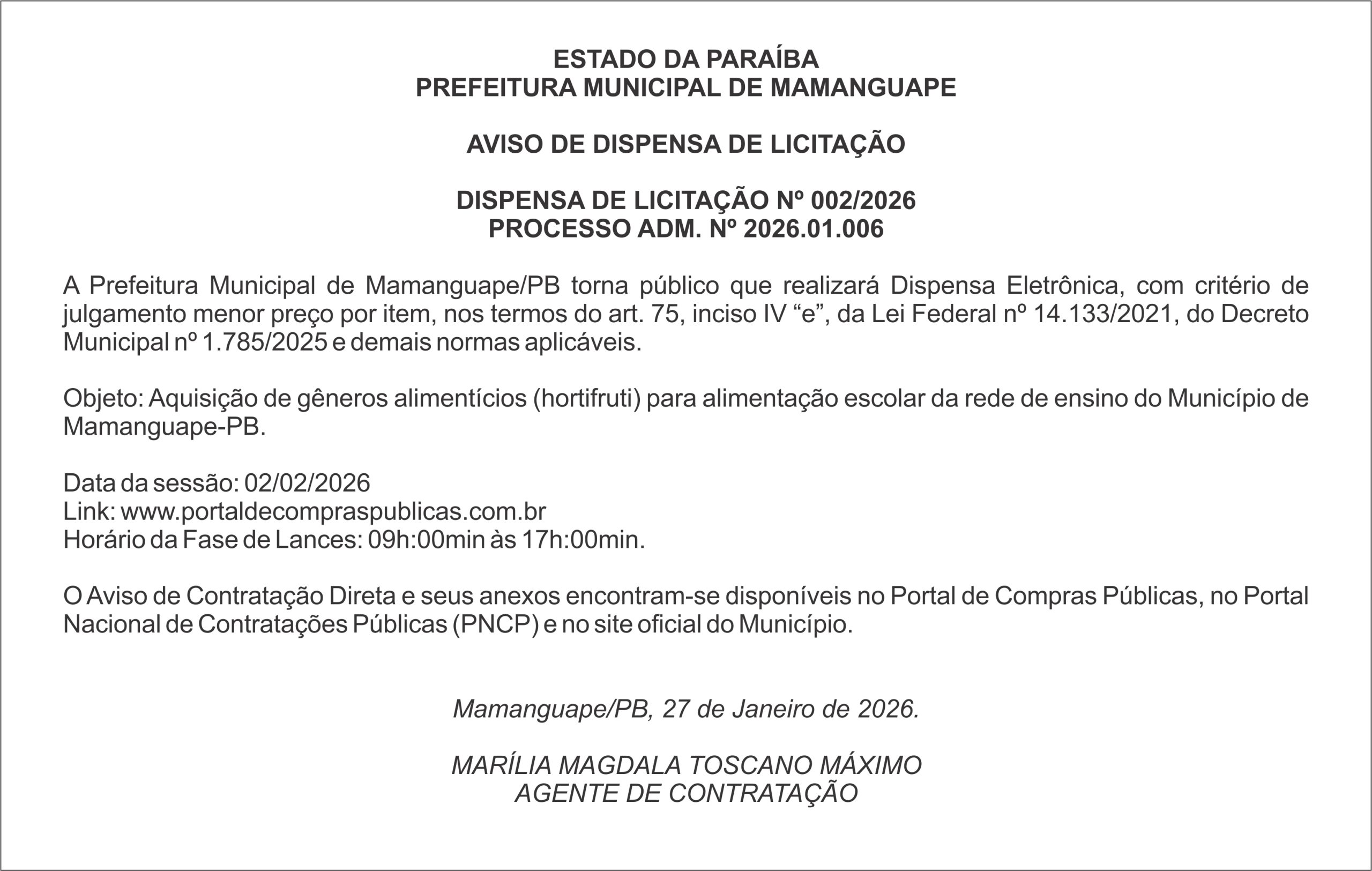 PREFEITURA MUNICIPAL DE MAMANGUAPE – AVISO DE DISPENSA DE LICITAÇÃO – DISPENSA DE LICITAÇÃO Nº 002/2026