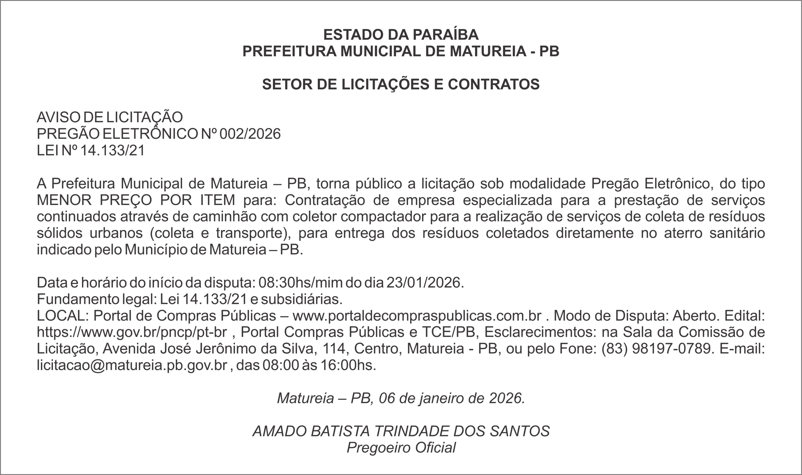 PREFEITURA MUNICIPAL DE MATUREIA – AVISO DE LICITAÇÃO – PREGÃO ELETRÔNICO Nº 002/2026