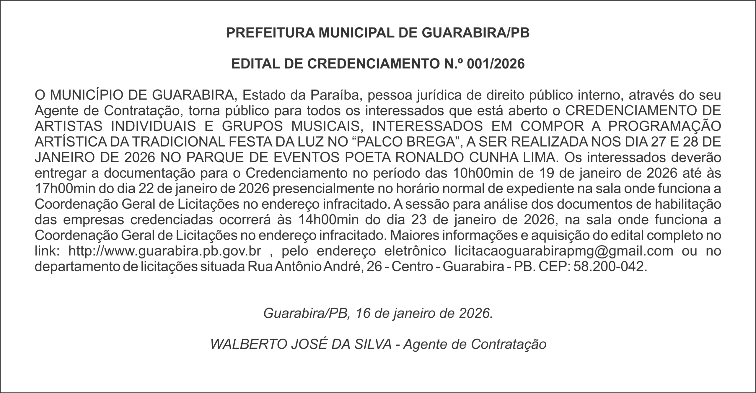 PREFEITURA MUNICIPAL DE GUARABIRA/PB – EDITAL DE CREDENCIAMENTO N.º 001/2026