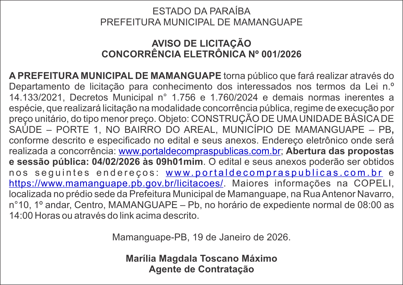 PREFEITURA MUNICIPAL DE MAMANGUAPE – AVISO DE LICITAÇÃO – CONCORRÊNCIA ELETRÔNICA Nº 001/2026