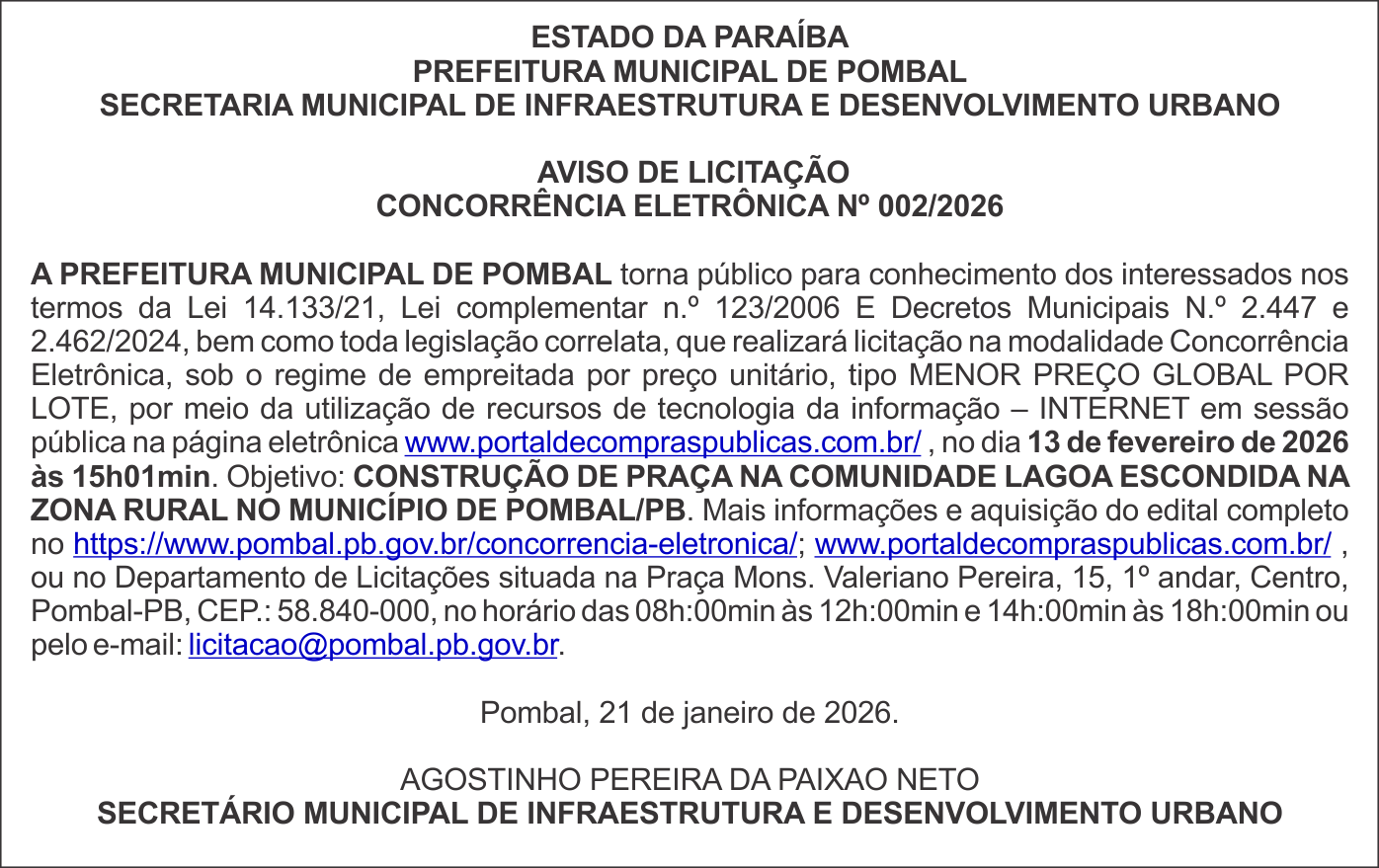 PREFEITURA MUNICIPAL DE POMBAL – AVISO DE LICITAÇÃO – CONCORRÊNCIA ELETRÔNICA Nº 002/2026