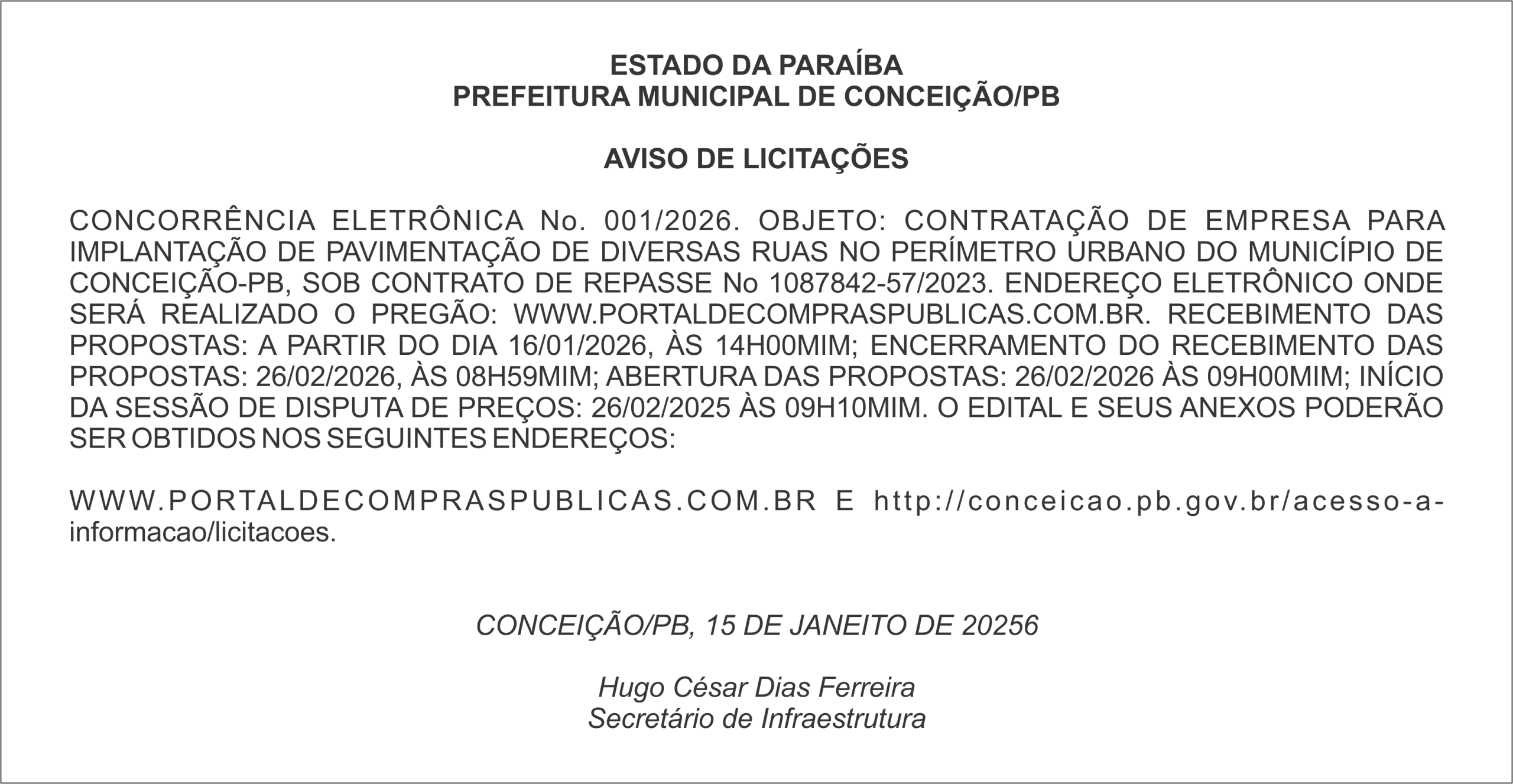 PREFEITURA MUNICIPAL DE CONCEIÇÃO/PB – AVISO DE LICITAÇÕES CONCORRÊNCIA ELETRÔNICA No. 001/2025