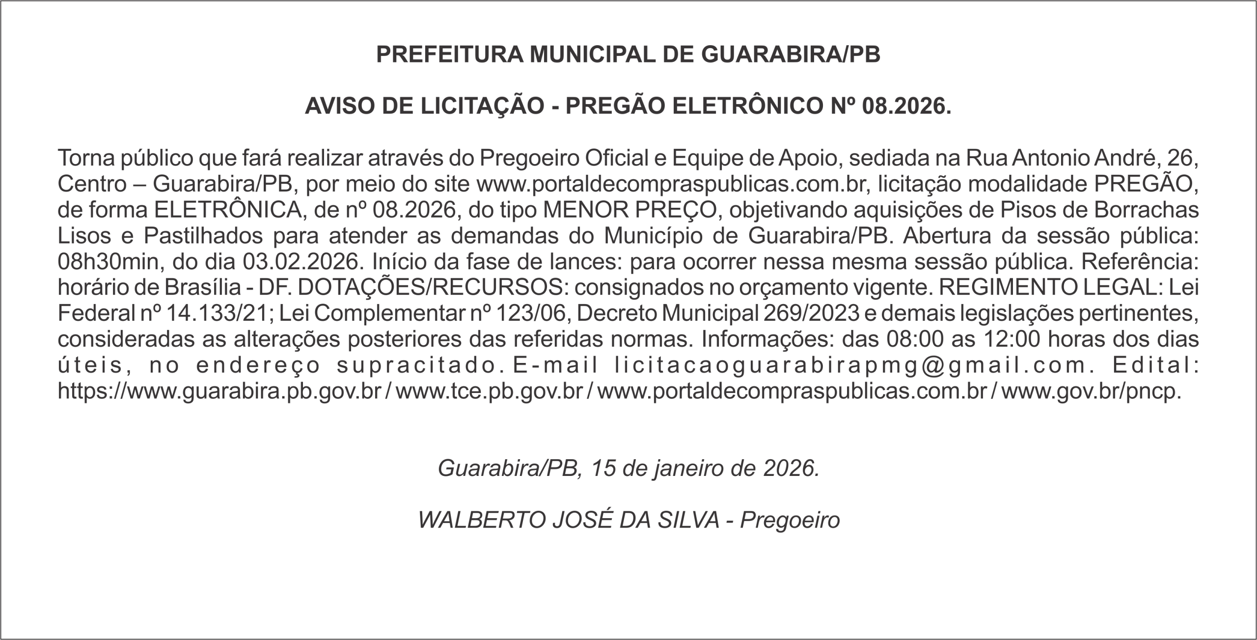 PREFEITURA MUNICIPAL DE GUARABIRA/PB – AVISO DE LICITAÇÃO – PREGÃO ELETRÔNICO Nº 08.2026.