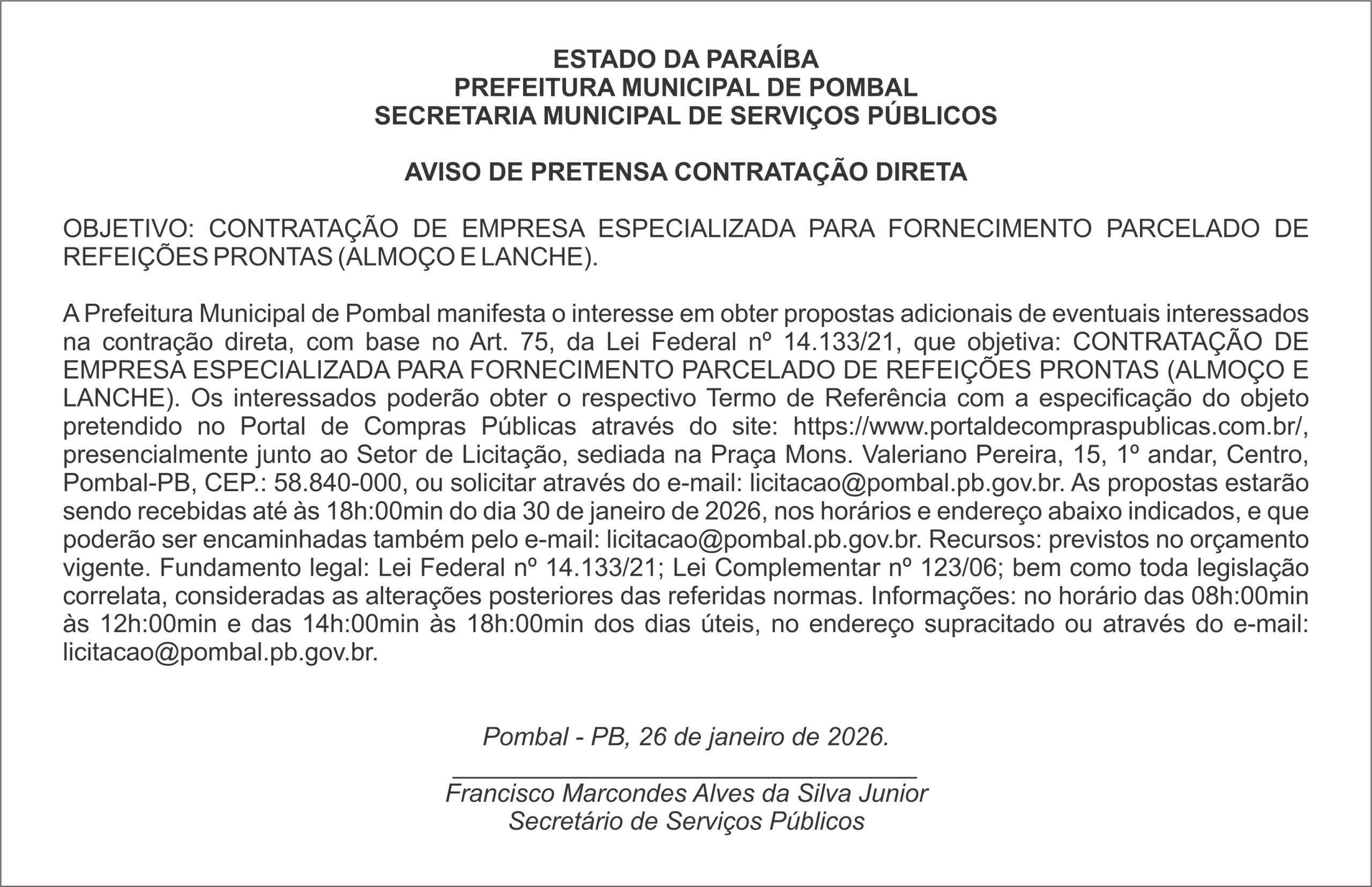 PREFEITURA MUNICIPAL DE POMBAL – AVISO DE PRETENSA CONTRATAÇÃO DIRETA