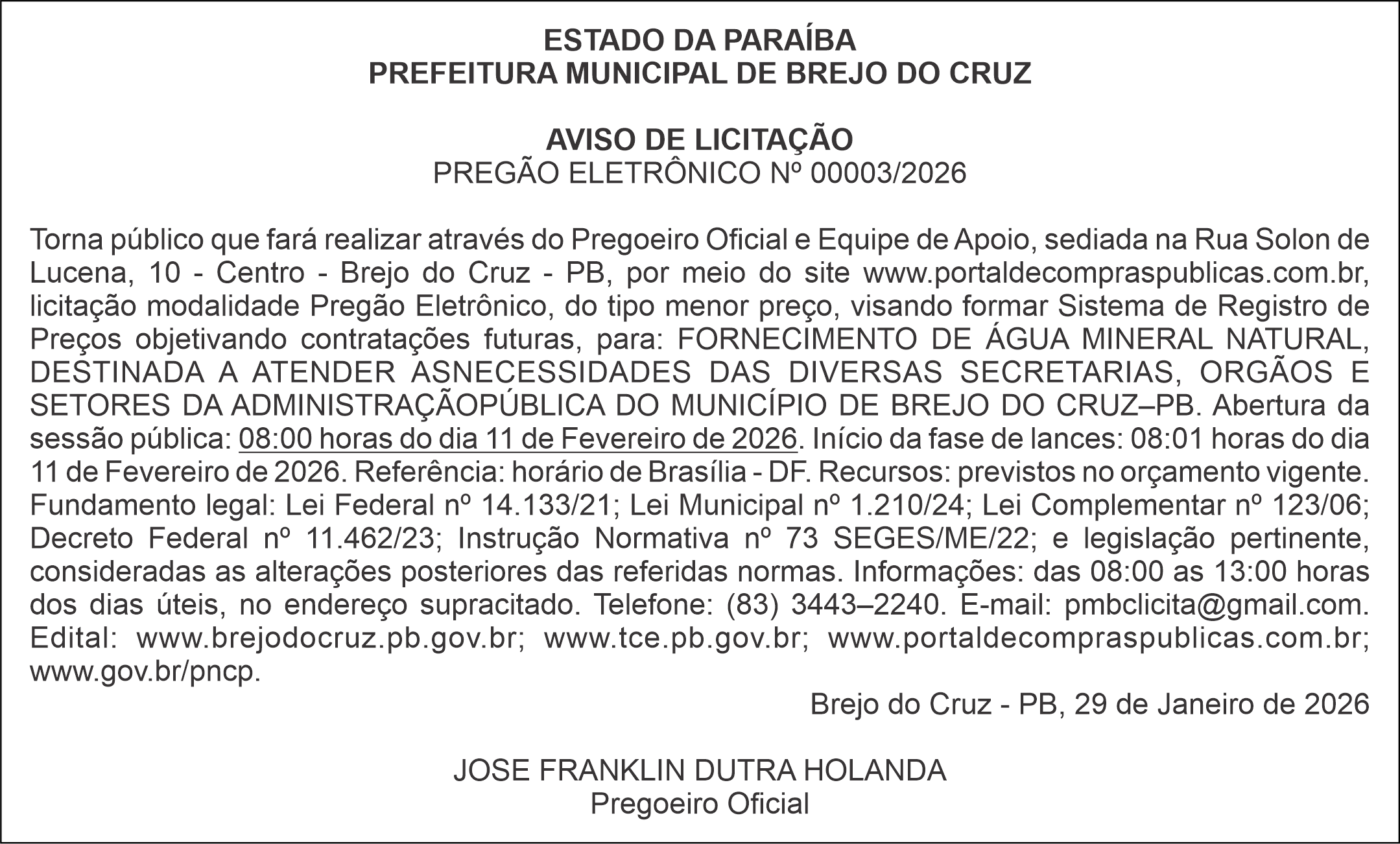 PREFEITURA MUNICIPAL DE BREJO DO CRUZ – AVISO DE LICITAÇÃO – PREGÃO ELETRÔNICO Nº 00003/2026