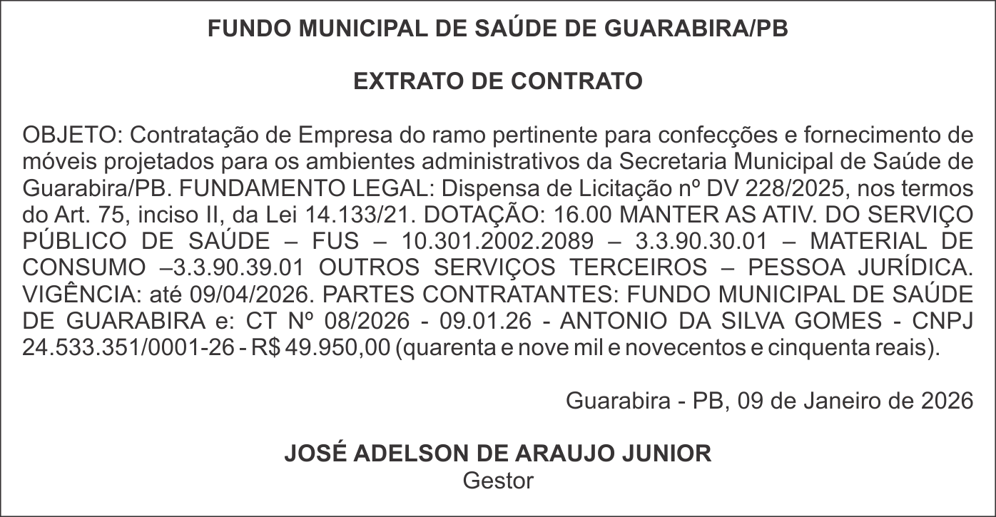 FUNDO MUNICIPAL DE SAÚDE DE GUARABIRA/PB – EXTRATO DE CONTRATO
