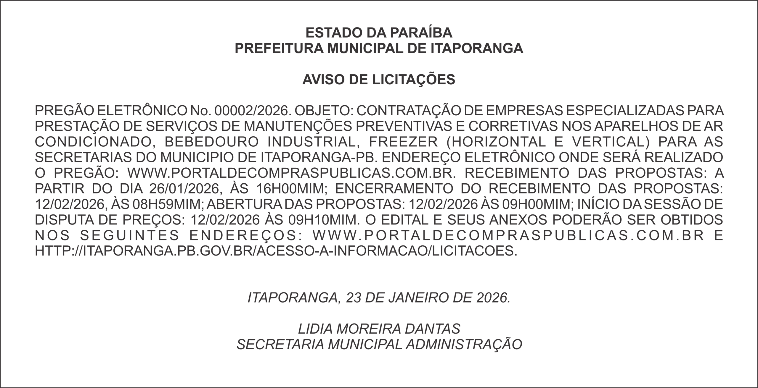 PREFEITURA MUNICIPAL DE ITAPORANGA – AVISO DE LICITAÇÕES – PREGÃO ELETRÔNICO No. 00002/2026