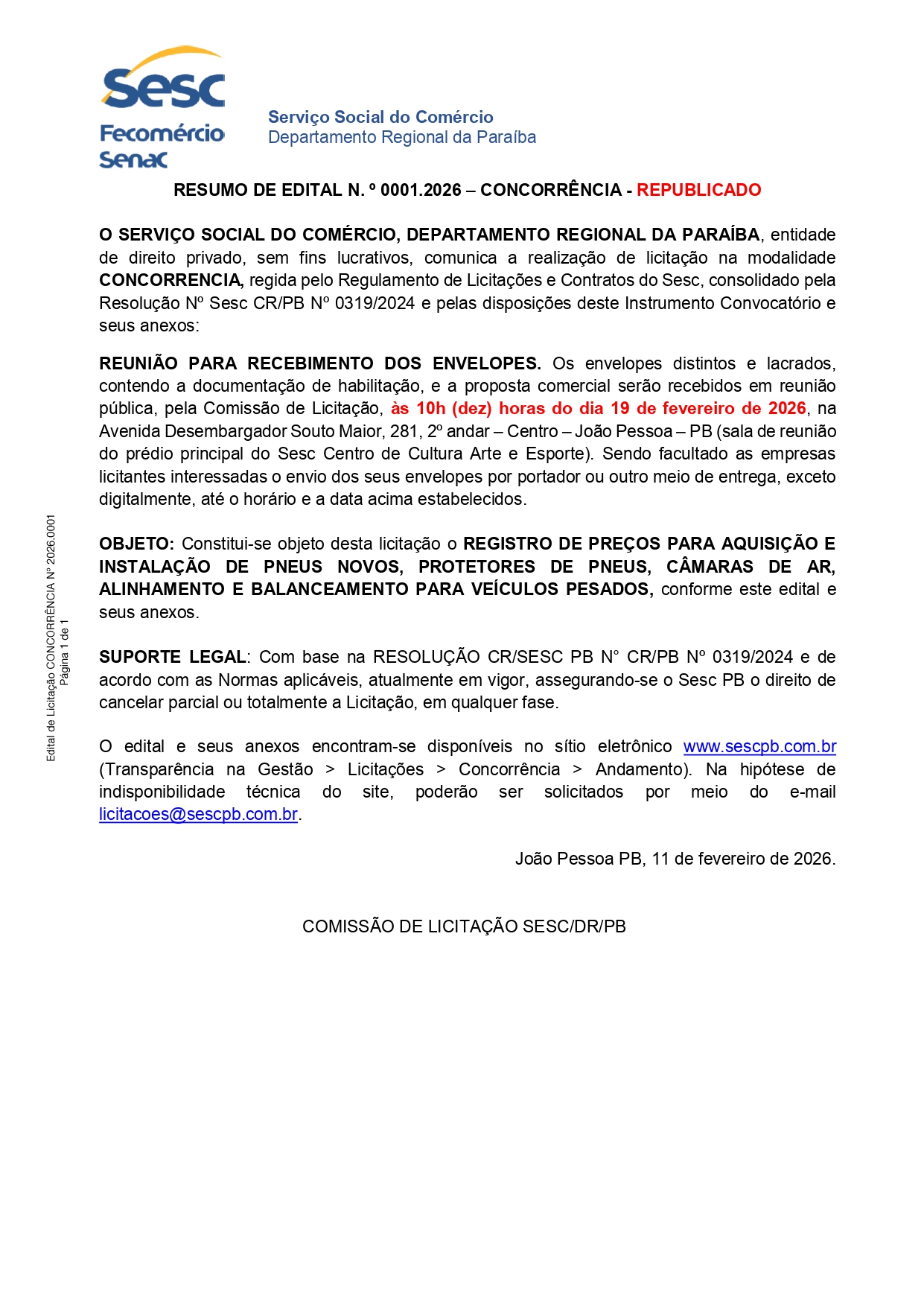 SESC – RESUMO DE EDITAL N. º 0001.2026 – CONCORRÊNCIA – REPUBLICADO