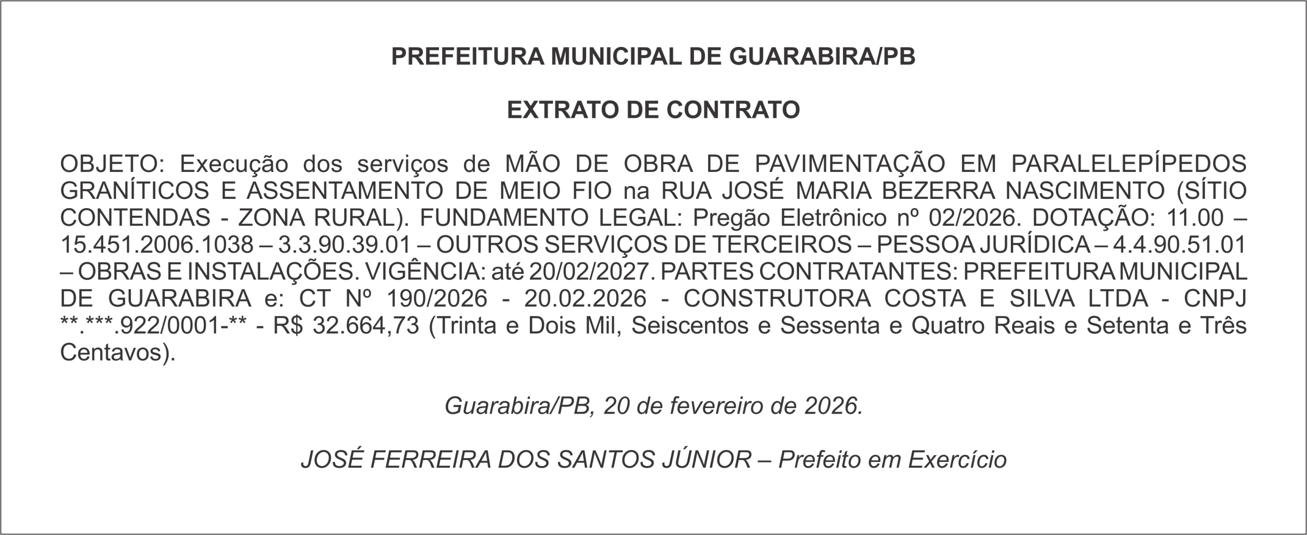PREFEITURA MUNICIPAL DE GUARABIRA/PB – EXTRATO DE CONTRATO