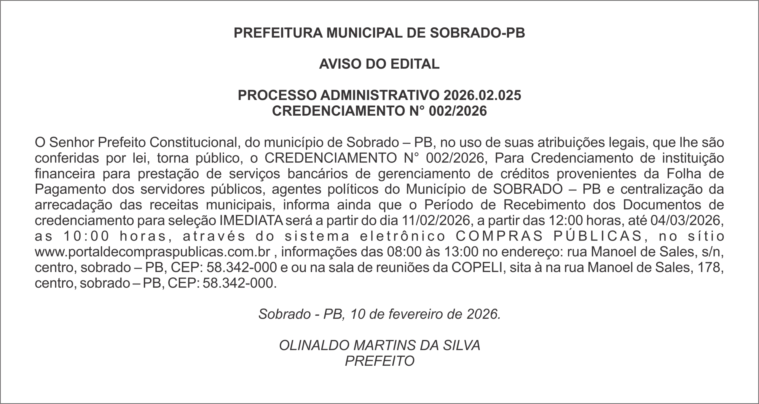 PREFEITURA MUNICIPAL DE SOBRADO-PB  AVISO DO EDITAL – PROCESSO ADMINISTRATIVO 2026.02.025