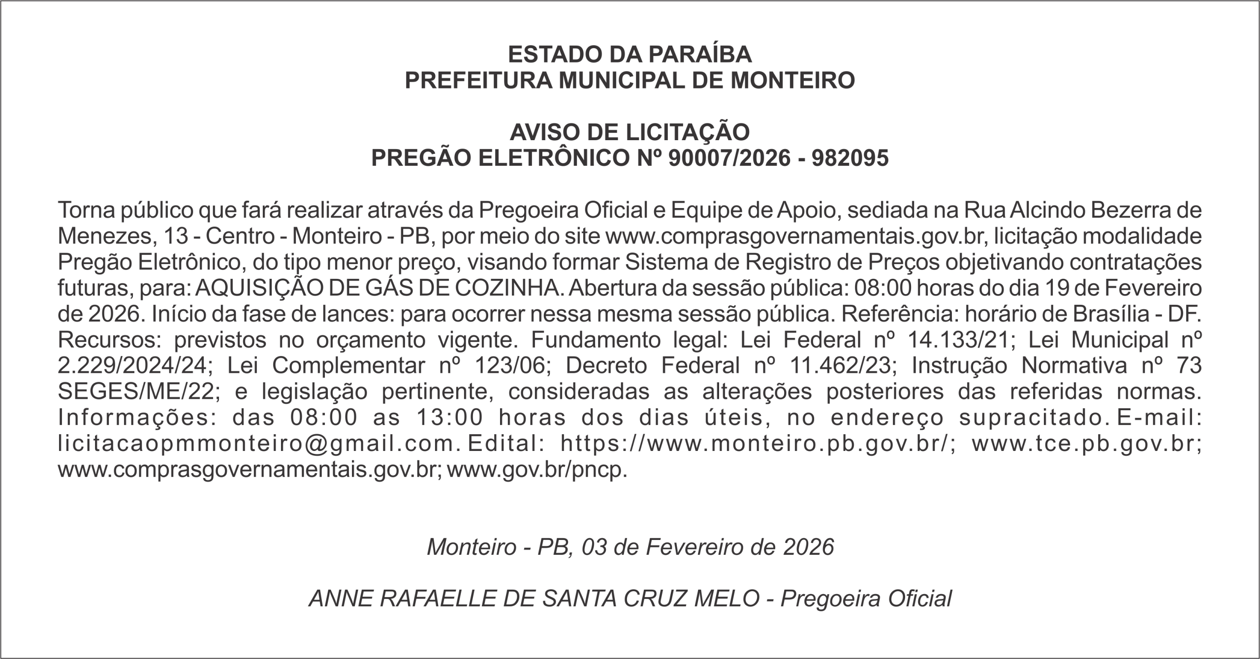 PREFEITURA MUNICIPAL DE MONTEIRO – AVISO DE LICITAÇÃO – PREGÃO ELETRÔNICO Nº 90007/2026 – 982095