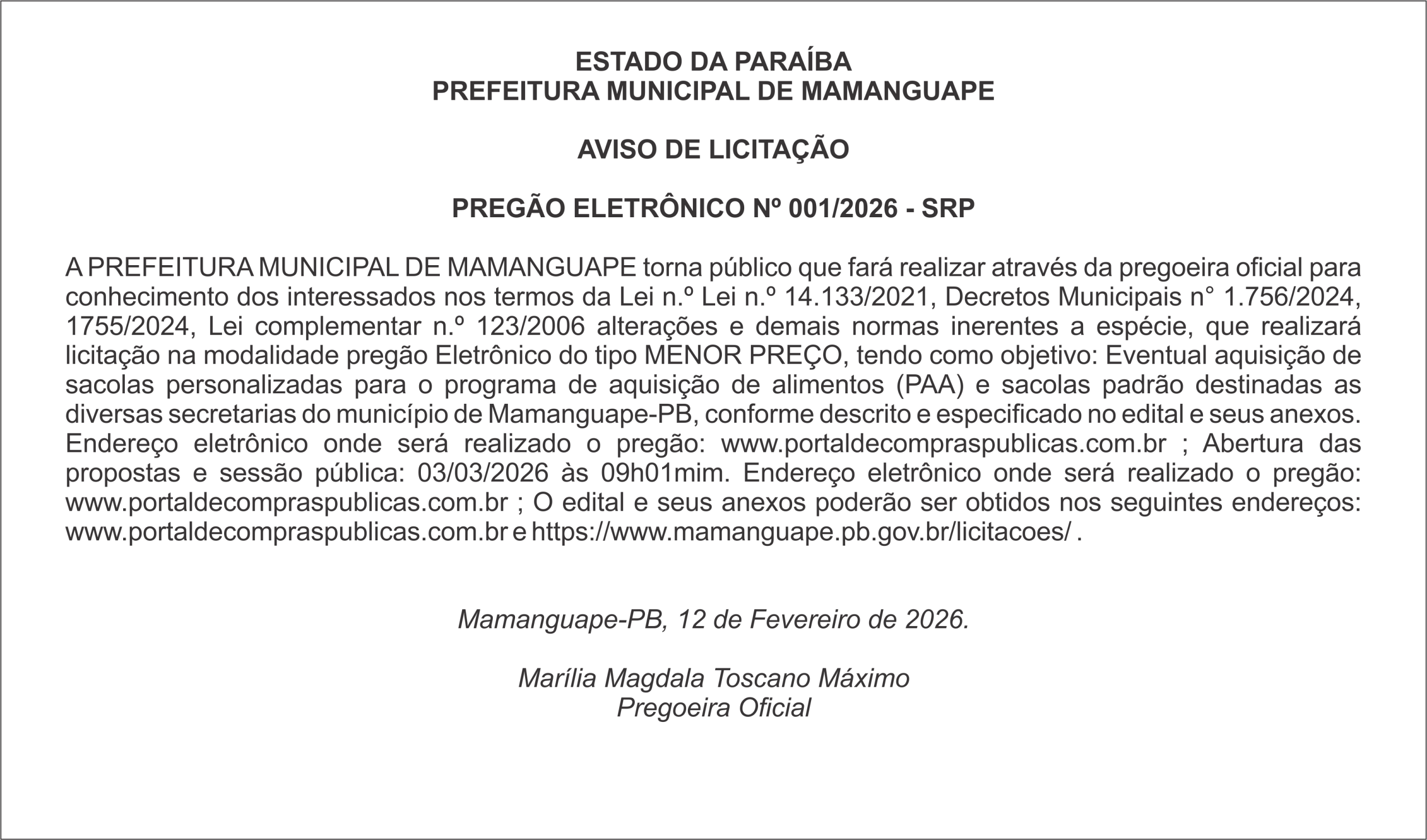 PREFEITURA MUNICIPAL DE MAMANGUAPE – AVISO DE LICITAÇÃO – PREGÃO ELETRÔNICO Nº 001/2026 – SRP