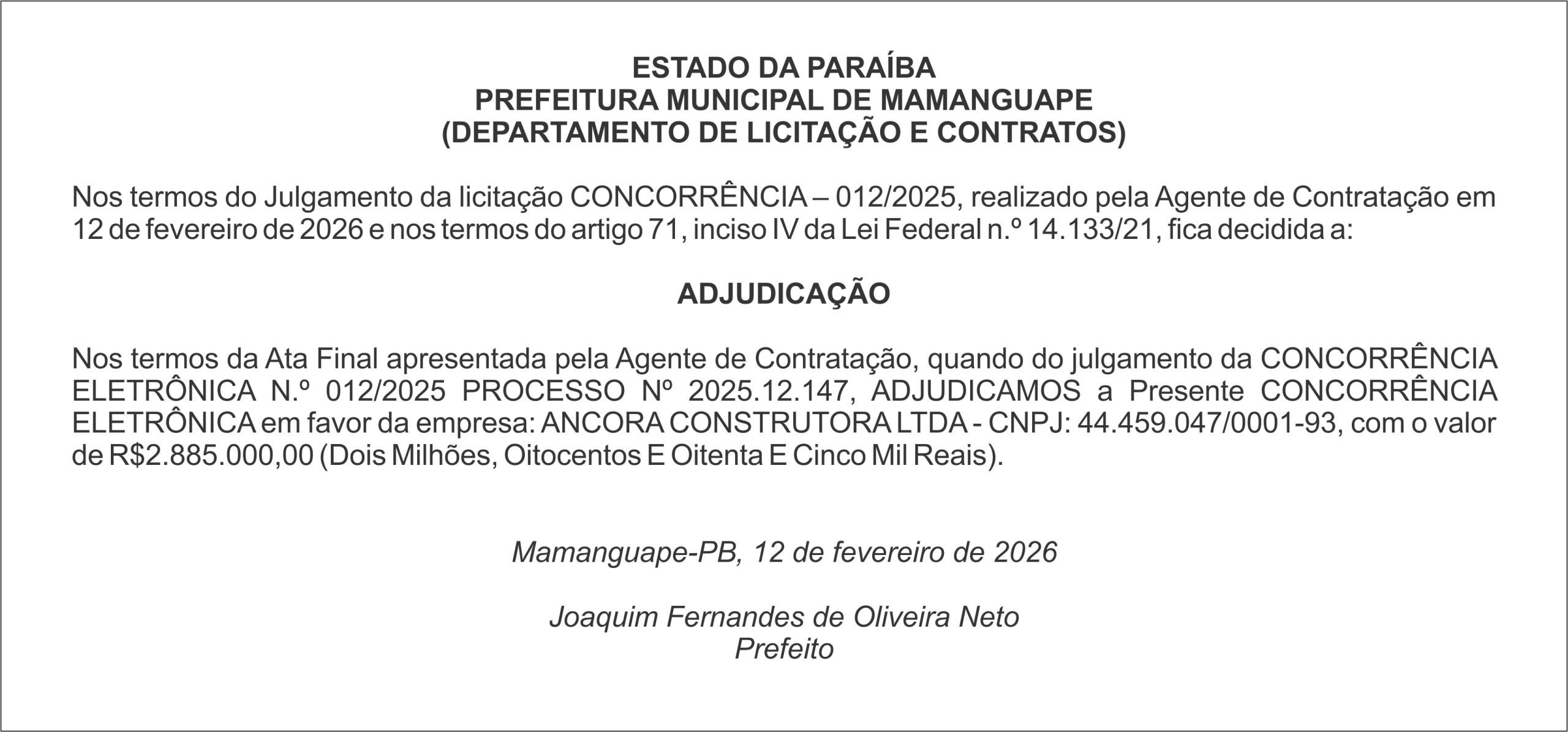 PREFEITURA MUNICIPAL DE MAMANGUAPE -ADJUDICAÇÃO