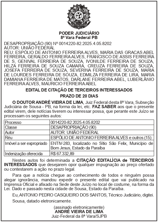 SECRETARIA NACIONAL DE SEGURANÇA HIDRICA – SNSH – MDR – DF – BRASÍLIA – Edital de Citação de Terceiro Interessado – ENTIV-283 (ESPÓLIO DE ANTÔNIO FERREIRA ALVES)