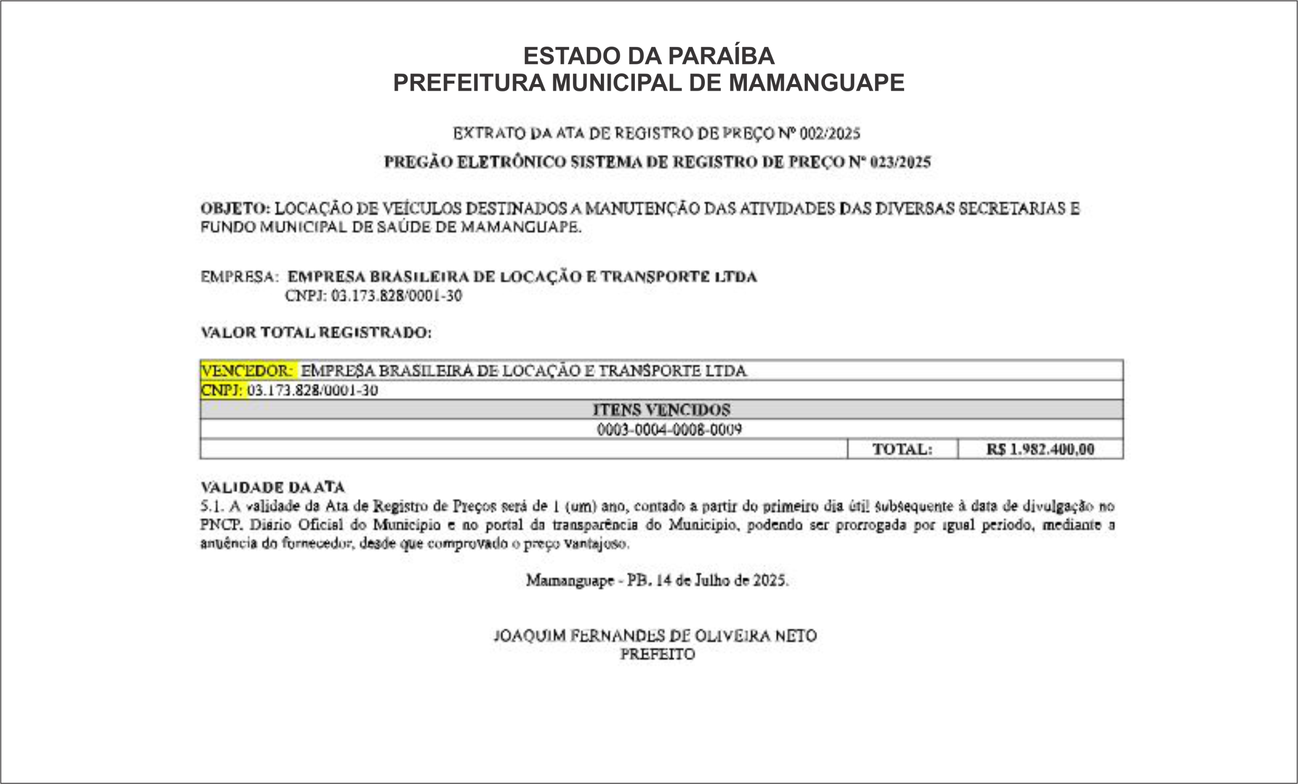 PREFEITURA DE MAMANGUAPE – EXTRATO DA ATA DE REGISTRO DE PREÇO Nº 002/2025
