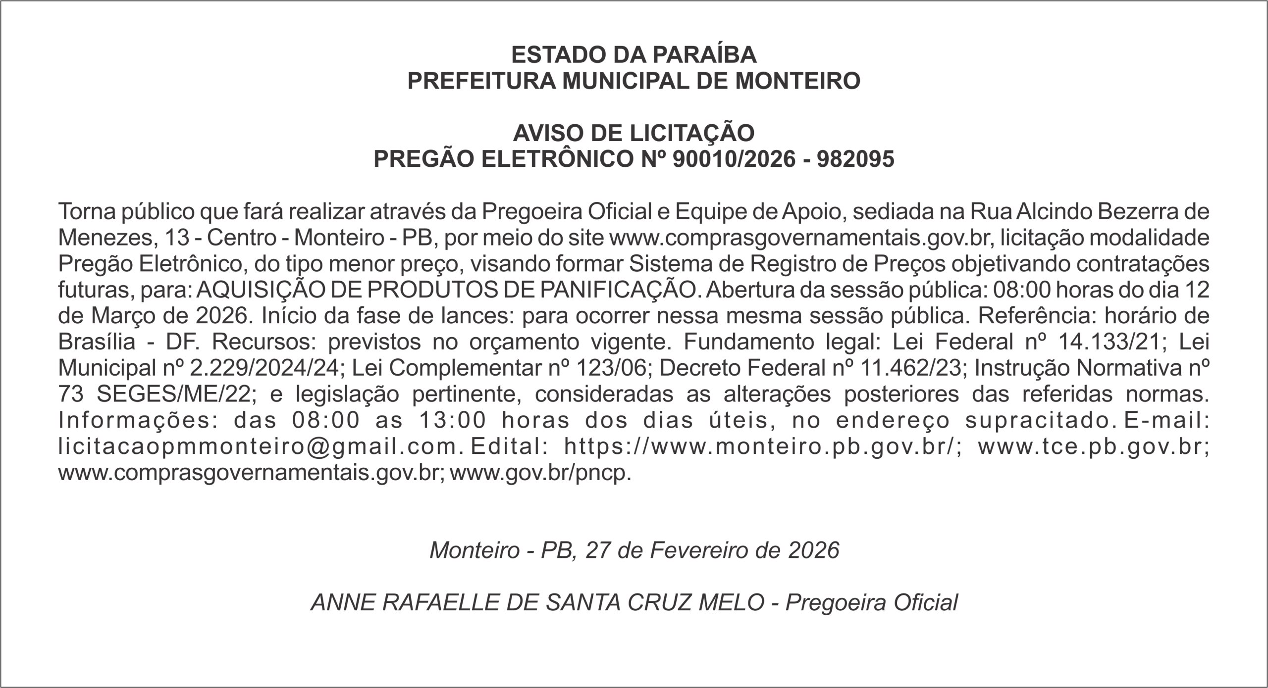 PREFEITURA MUNICIPAL DE MONTEIRO – AVISO DE LICITAÇÃO PREGÃO ELETRÔNICO Nº 90010/2026 – 982095