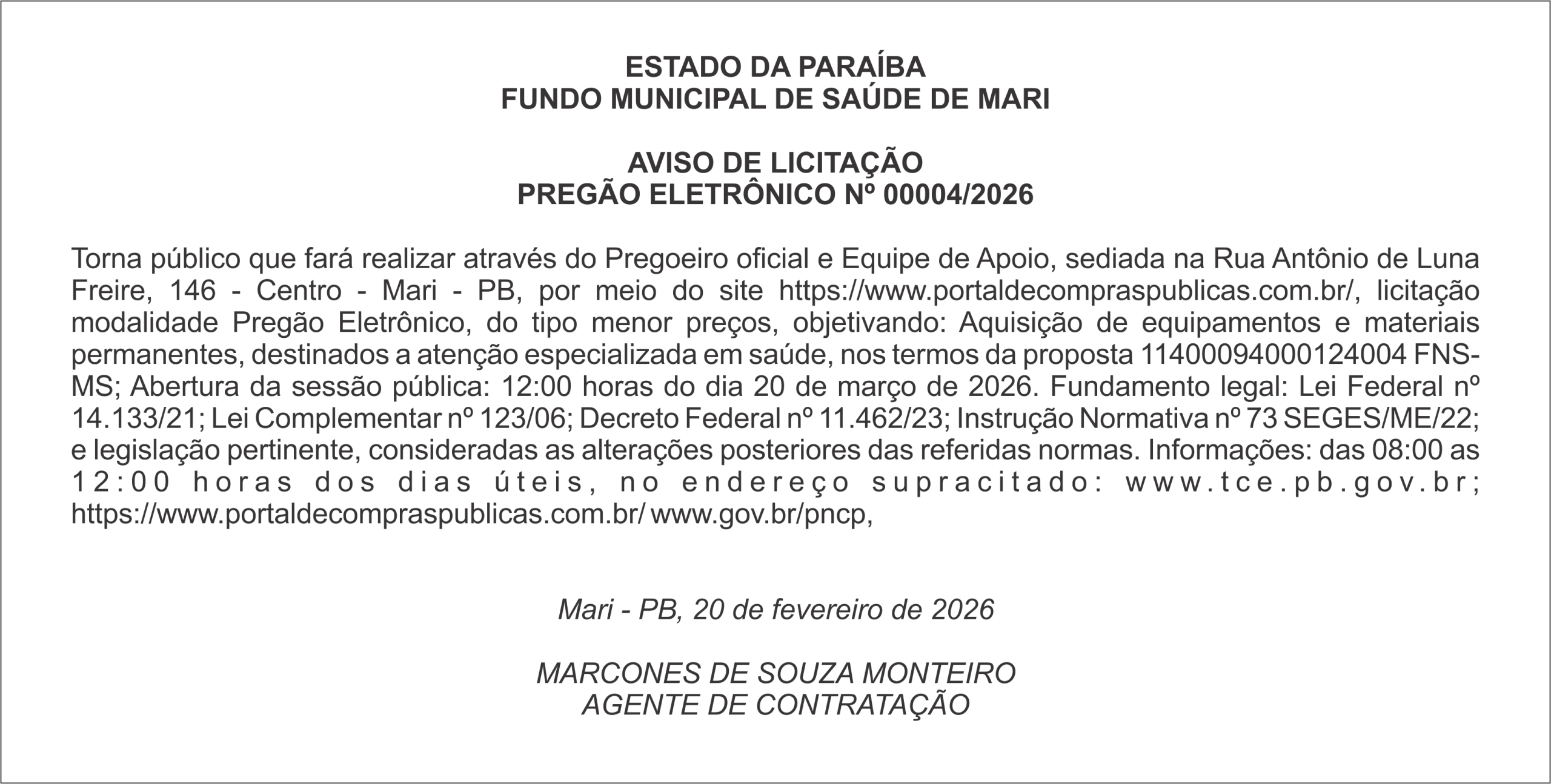FUNDO MUNICIPAL DE SAÚDE DE MARI – AVISO DE LICITAÇÃO – PREGÃO ELETRÔNICO Nº 00004/2026