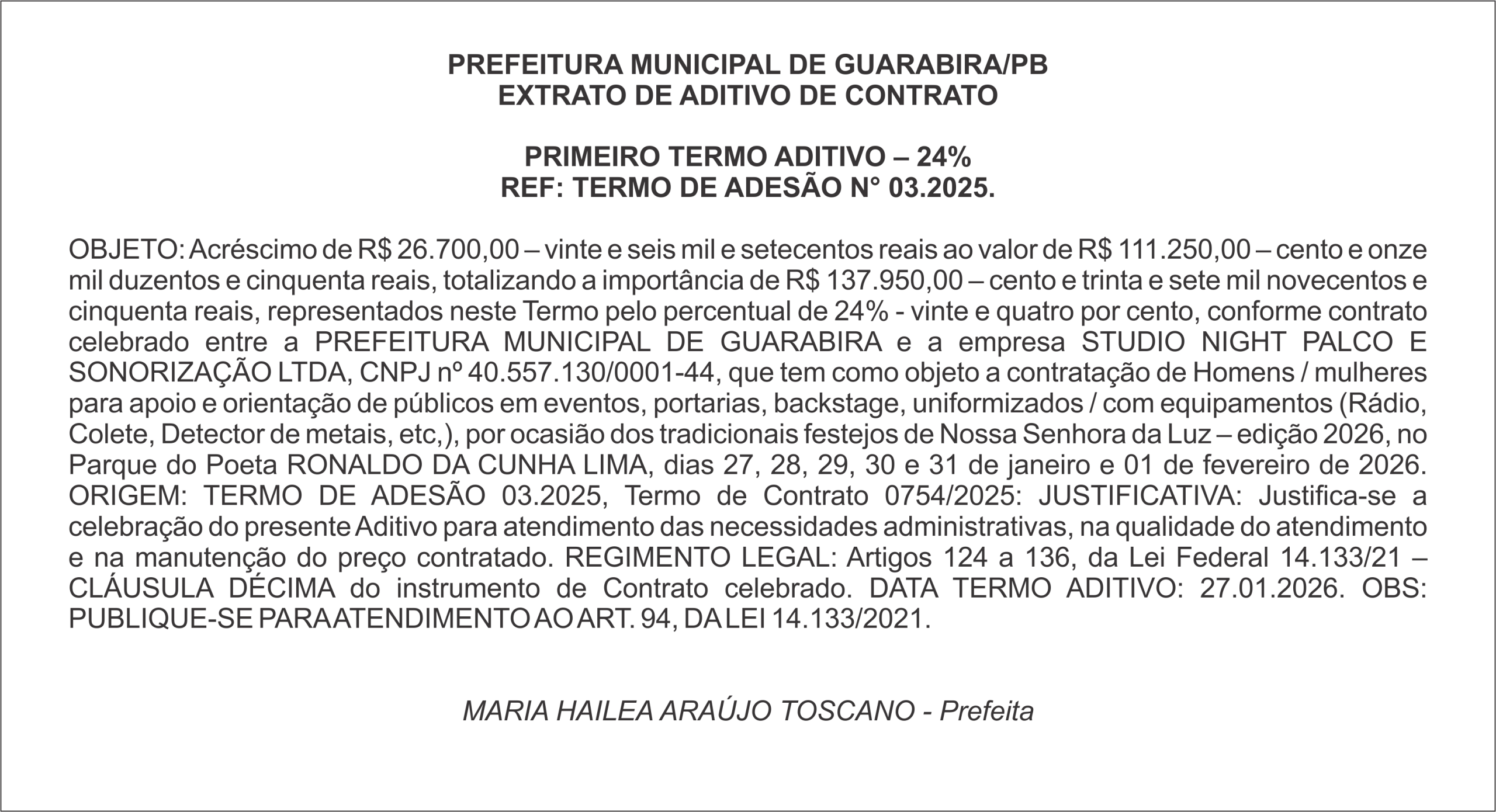 PREFEITURA MUNICIPAL DE GUARABIRA/PB – EXTRATO DE ADITIVO DE CONTRATO