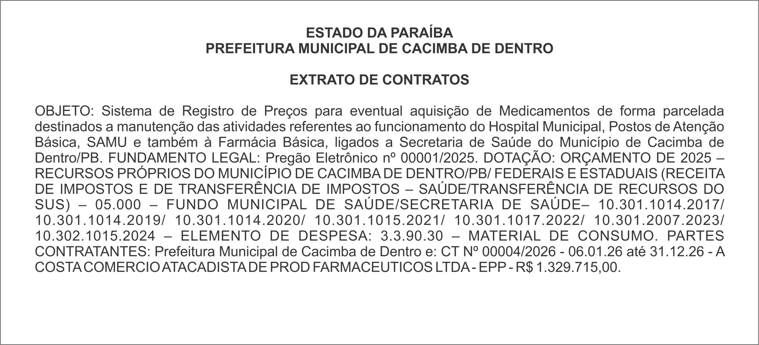 PREFEITURA MUNICIPAL DE CACIMBA DE DENTRO – EXTRATO DE CONTRATOS