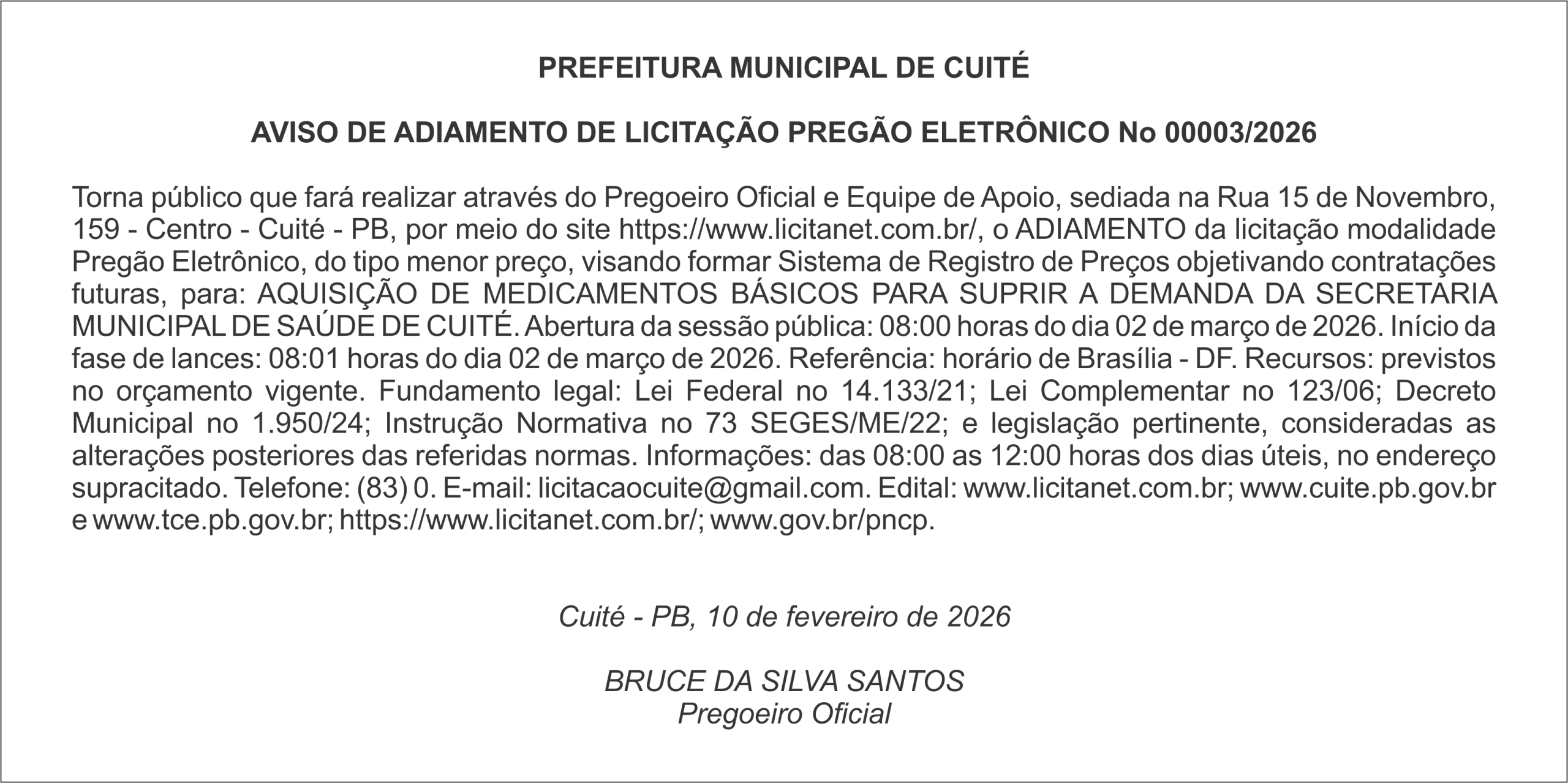 PREFEITURA MUNICIPAL DE CUITÉ – AVISO DE ADIAMENTO DE LICITAÇÃO – PREGÃO ELETRÔNICO No 00003/2026