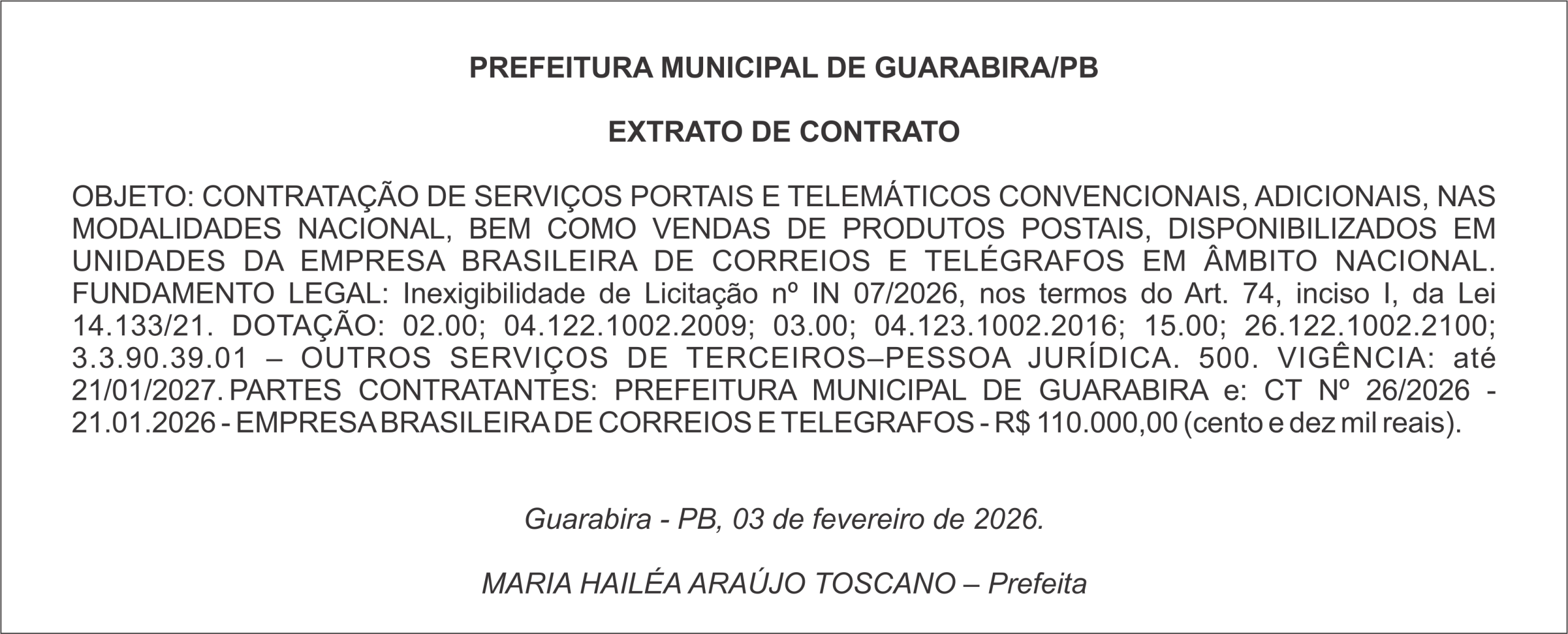 PREFEITURA MUNICIPAL DE GUARABIRA/PB – EXTRATO DE CONTRATO