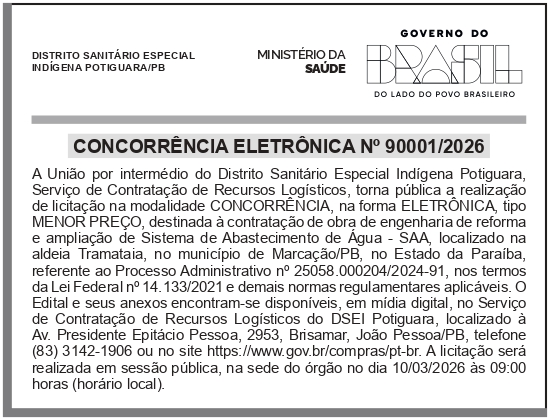 DSEI – PB – POTIGUARA – AVISO DE LICITAÇÃO – CONCORRÊNCIA ELETRÔNICA No 90001/2026