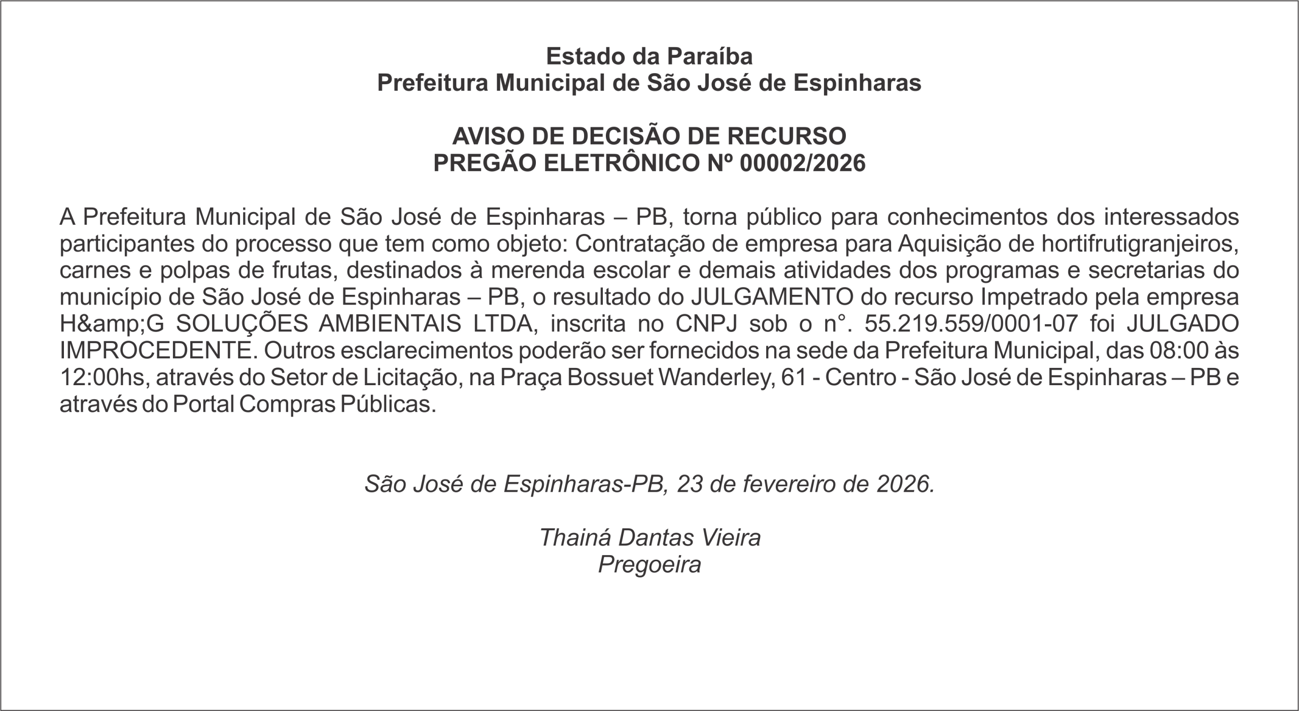 PREFEITURA DE SÃO JOSÉ DE ESPINHARAS – AVISO DE DECISÃO DE RECURSO
