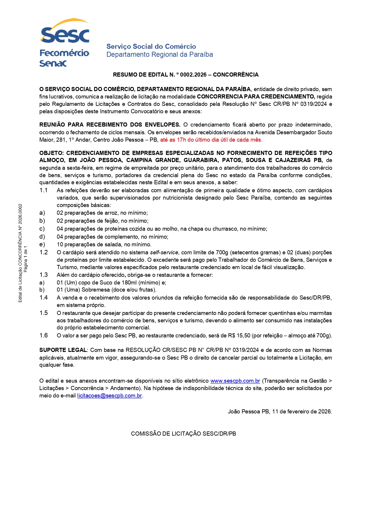 SESC – RESUMO DE EDITAL N. º 0002.2026 – CONCORRÊNCIA