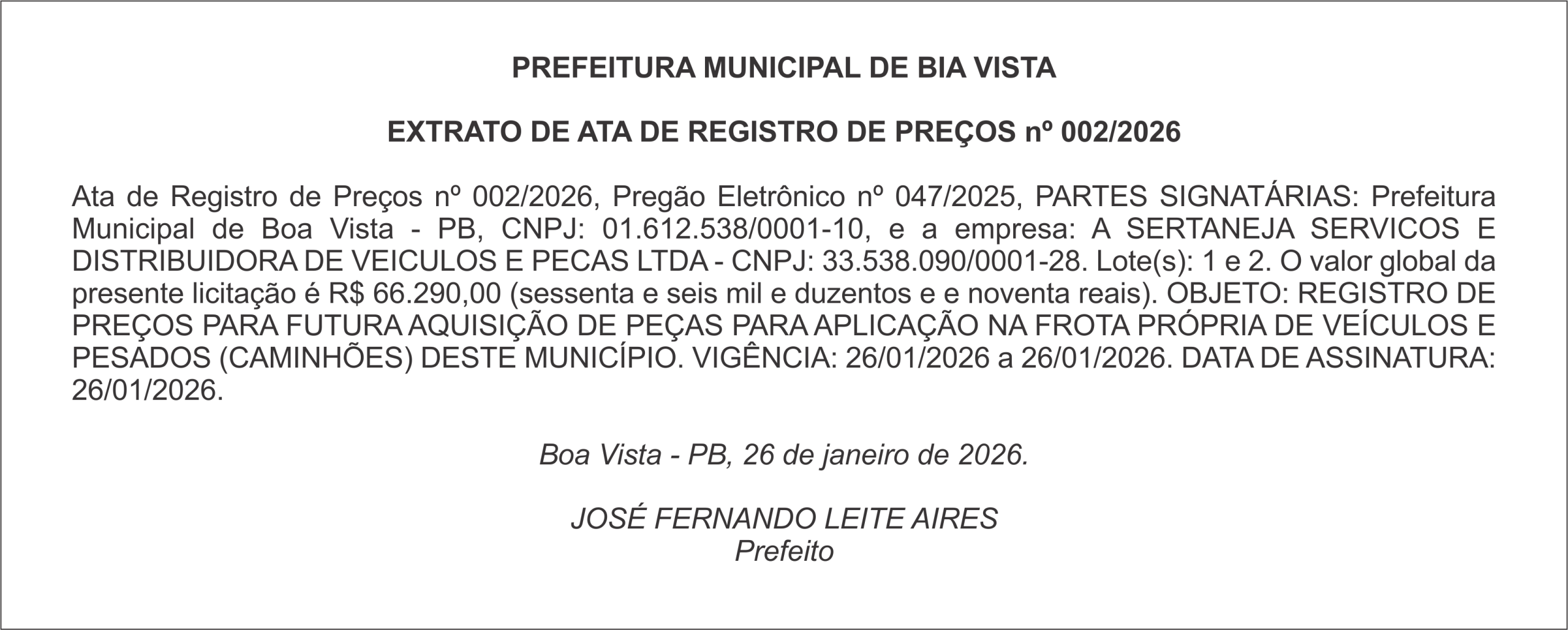 PREFEITURA DE BOA VISTA – EXTRATO DE ATA DE REGISTRO DE PREÇOS nº 002/2026