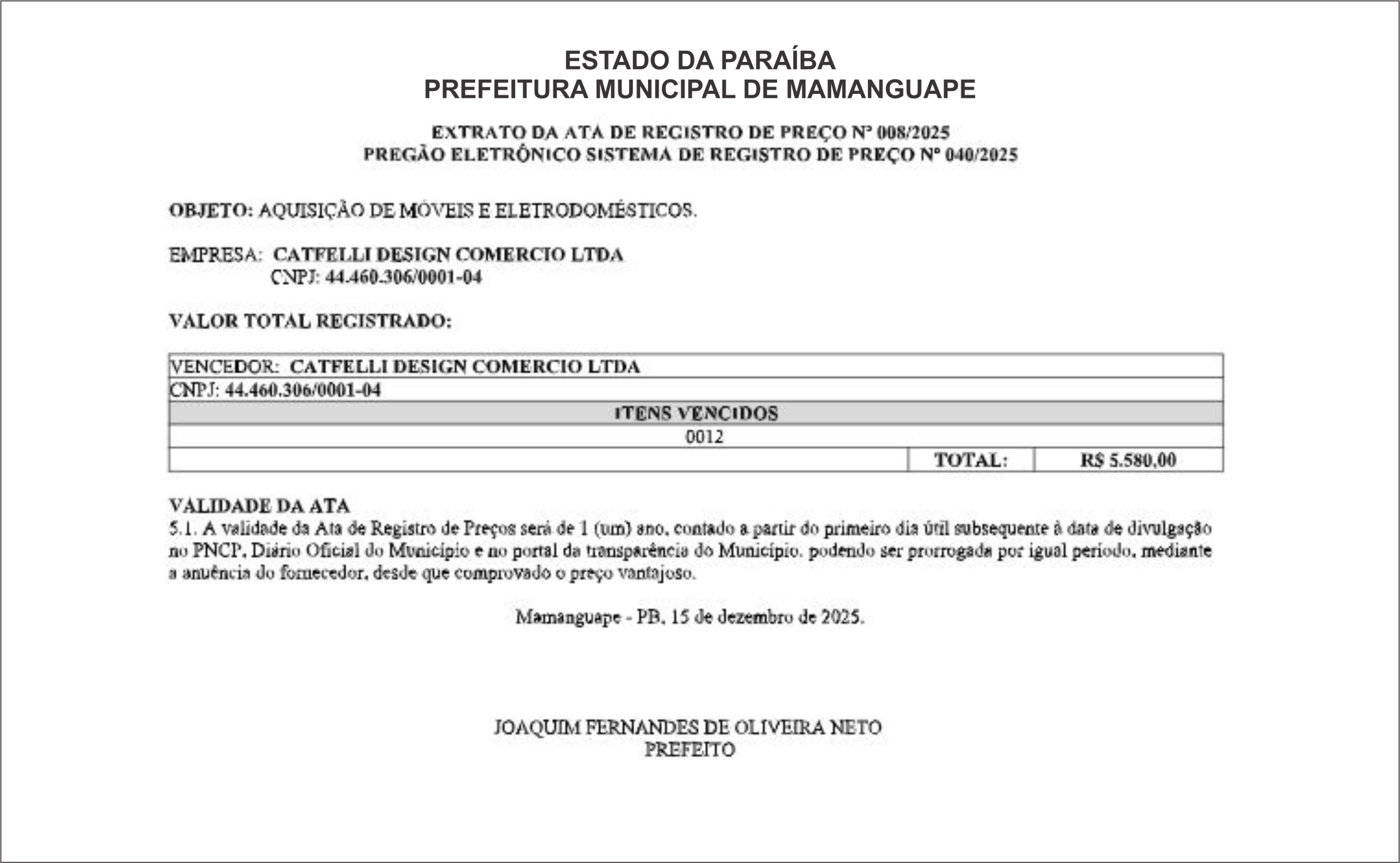 PREFEITURA MUNICIPAL DE MAMANGUAPE – EXTRATO DA ATA DE REGISTRO DE PREÇO Nº 008/2025
