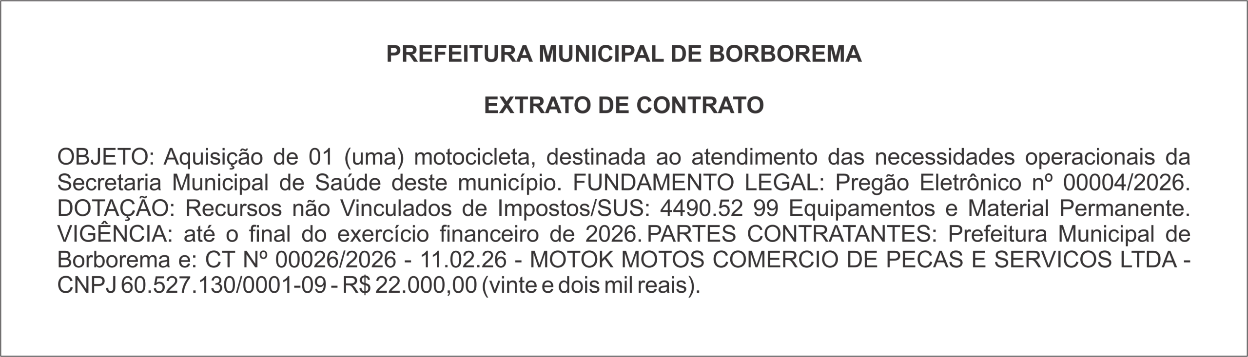 PREFEITURA MUNICIPAL DE BORBOREMA – EXTRATO DE CONTRATO
