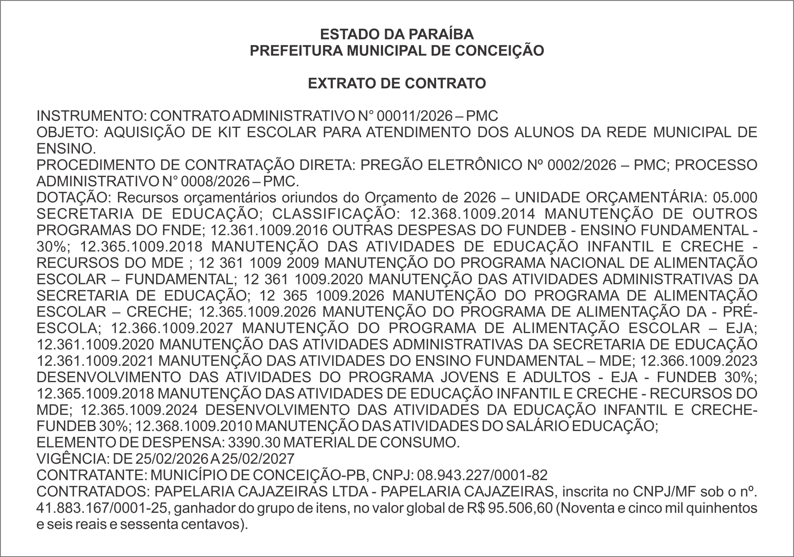 PREFEITURA MUNICIPAL DE CONCEIÇÃO –  EXTRATO DE CONTRATO
